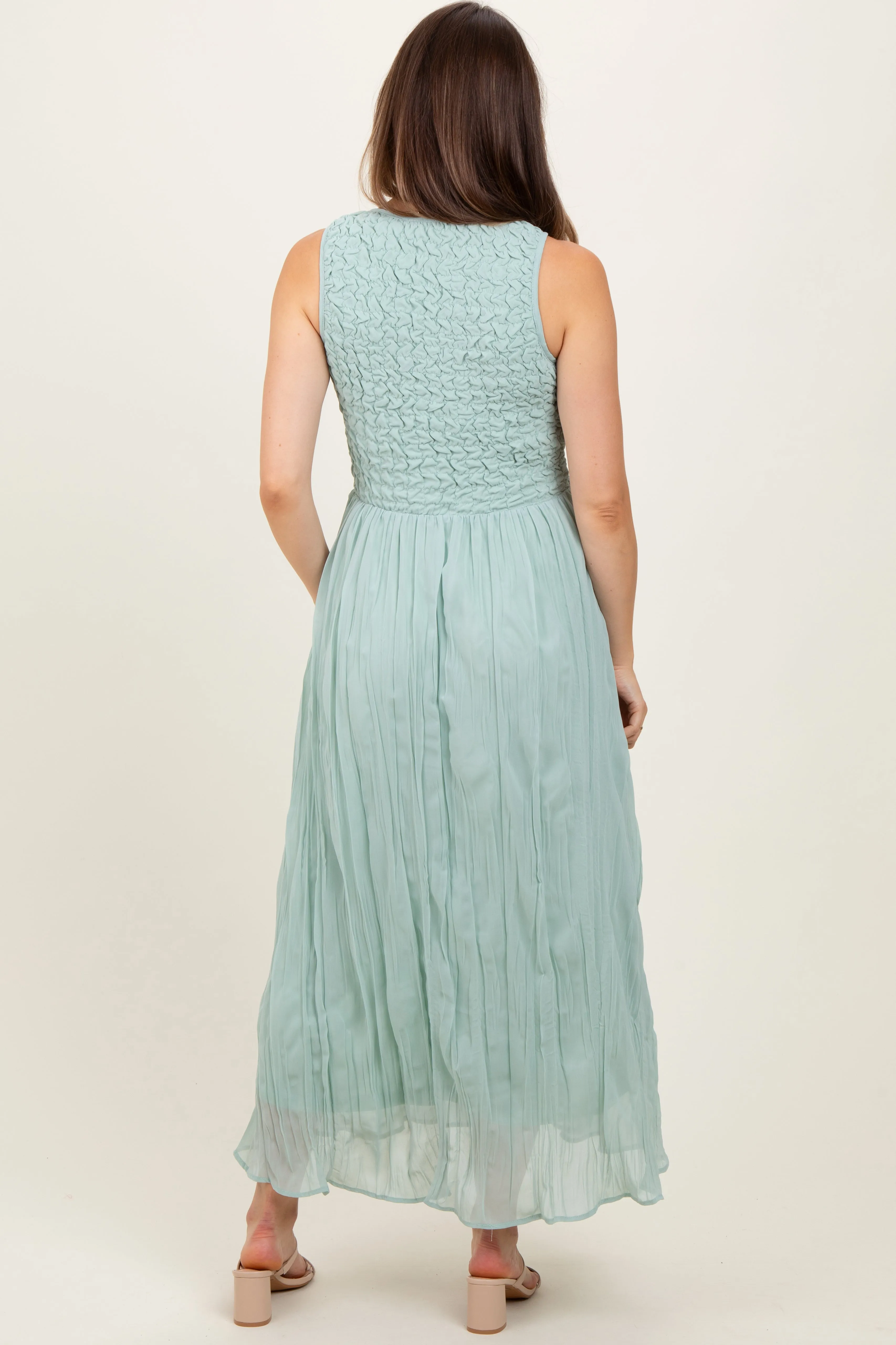 Light Olive Textured Smocked Bodice Sleeveless Maternity Maxi Dress sold by Pinkblush product image thumbnail 4