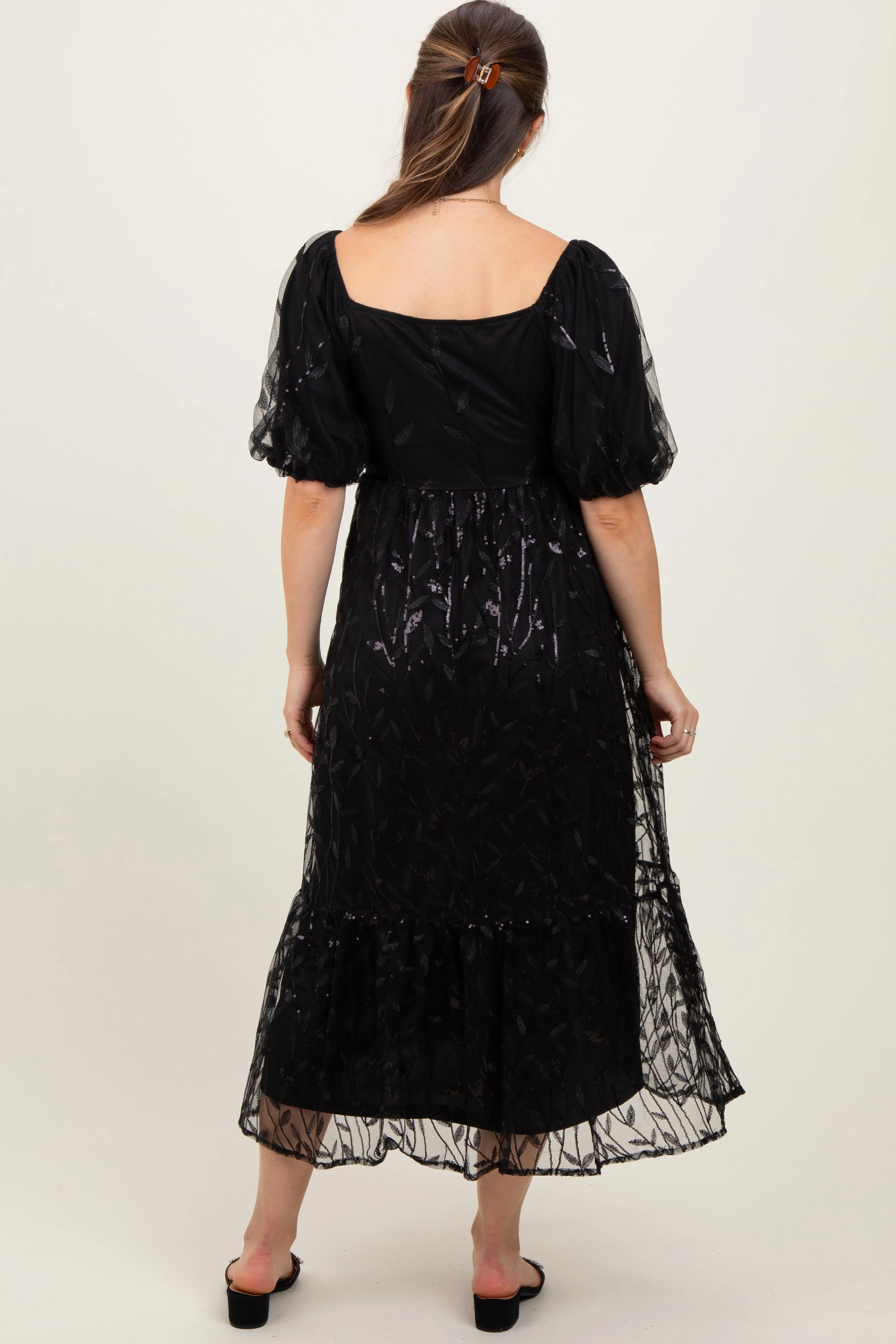 Black Embroidered Sequin Detail Mesh Overlay Maternity Maxi Dress sold by Pinkblush product image thumbnail 3
