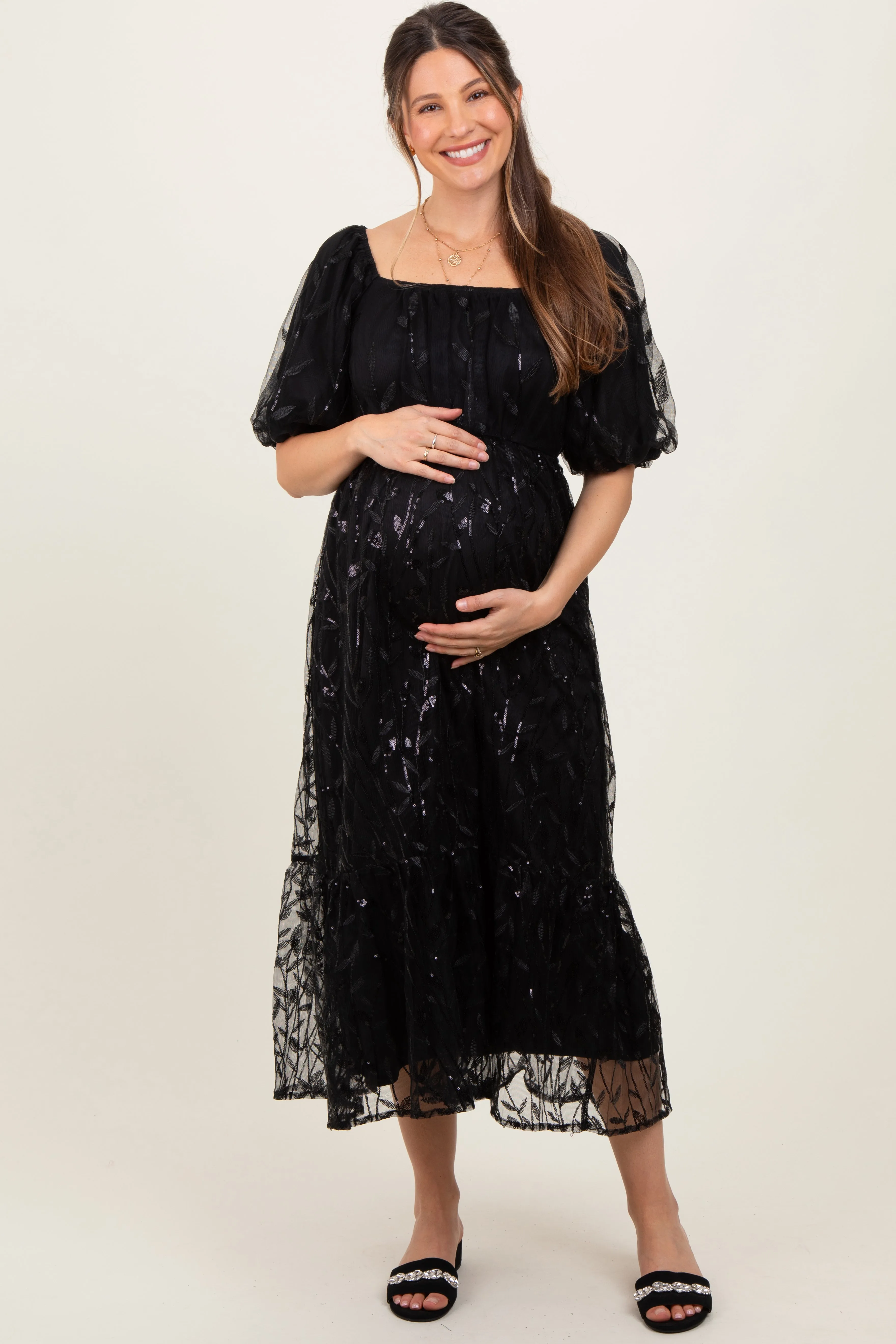Black Embroidered Sequin Detail Mesh Overlay Maternity Maxi Dress sold by Pinkblush