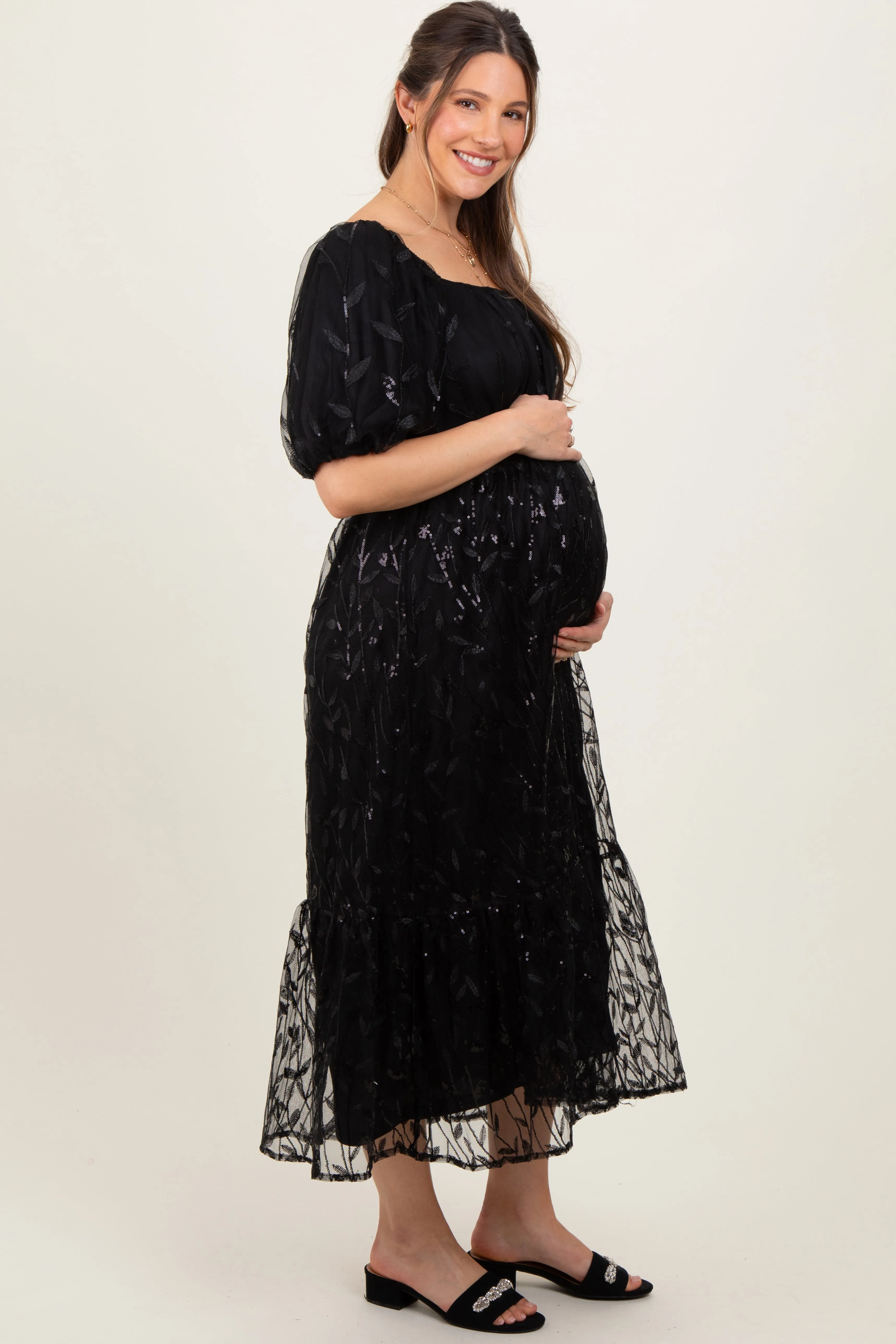 Black Embroidered Sequin Detail Mesh Overlay Maternity Maxi Dress sold by Pinkblush product image thumbnail 2