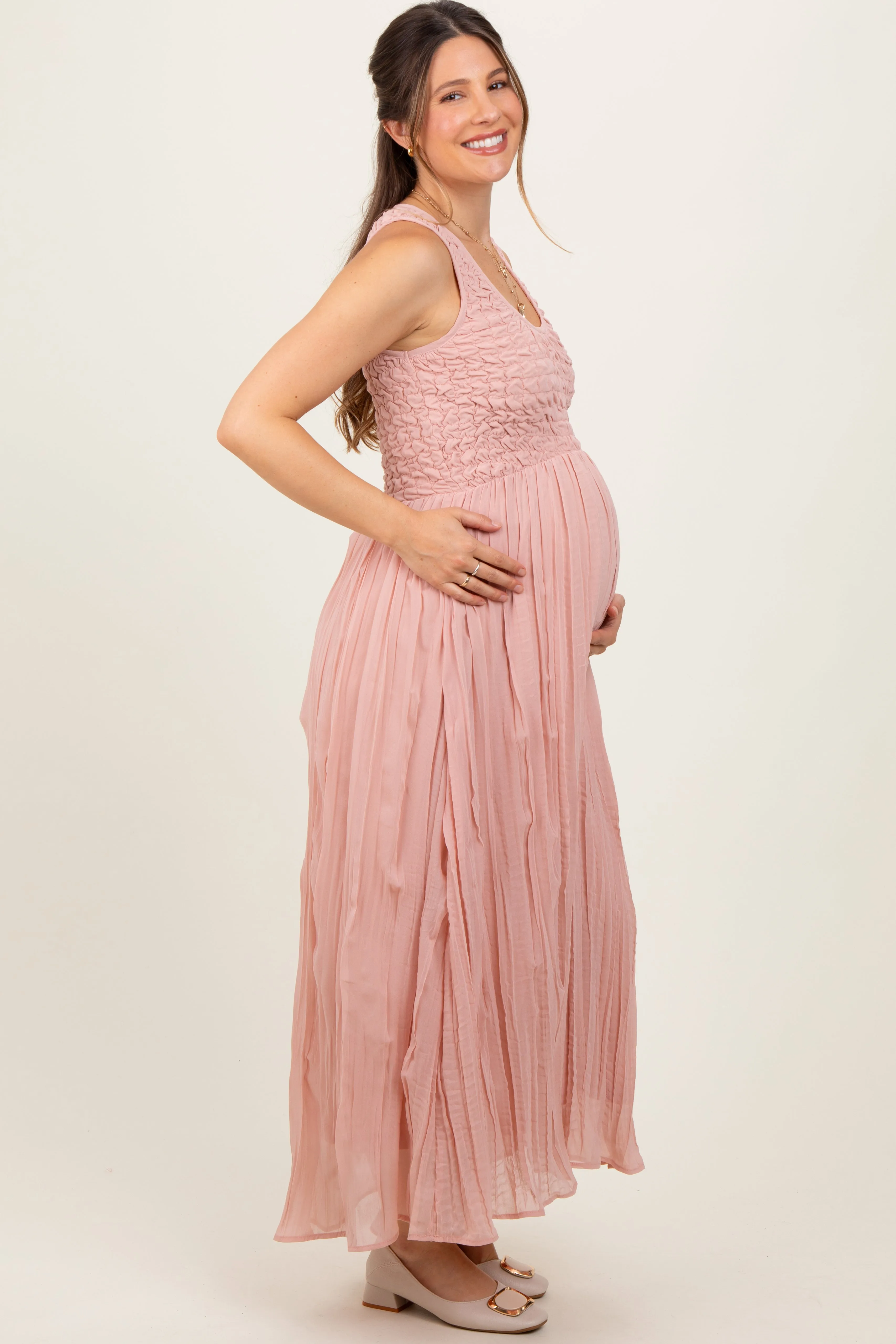Light Pink Textured Smocked Bodice Sleeveless Maternity Maxi Dress sold by Pinkblush product image thumbnail 3