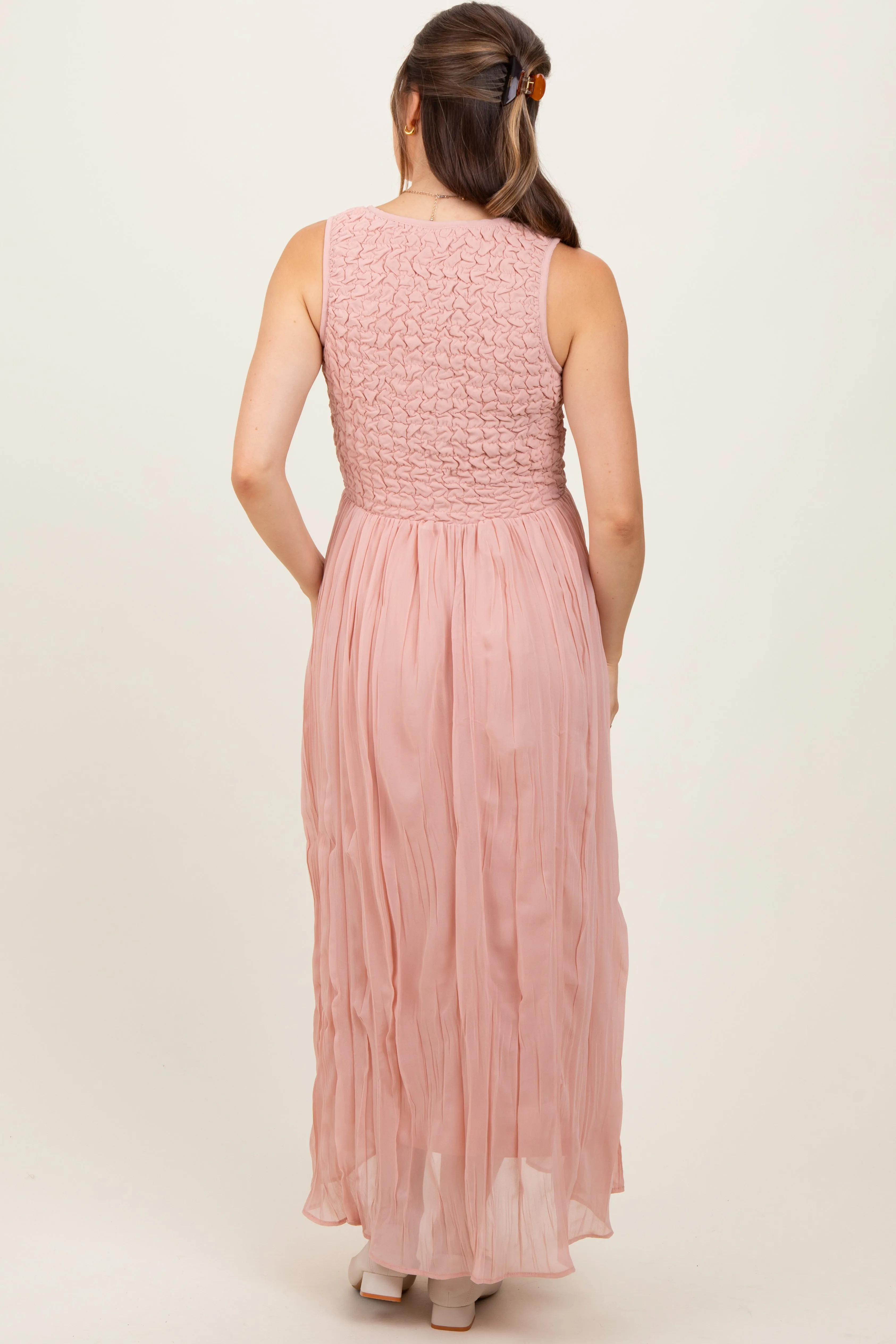 Light Pink Textured Smocked Bodice Sleeveless Maternity Maxi Dress sold by Pinkblush product image thumbnail 4