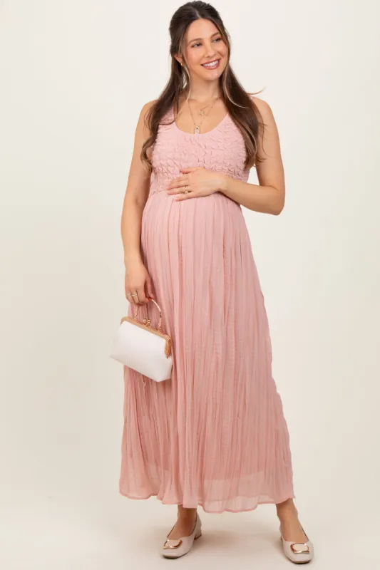 Light Pink Textured Smocked Bodice Sleeveless Maternity Maxi Dress sold by Pinkblush