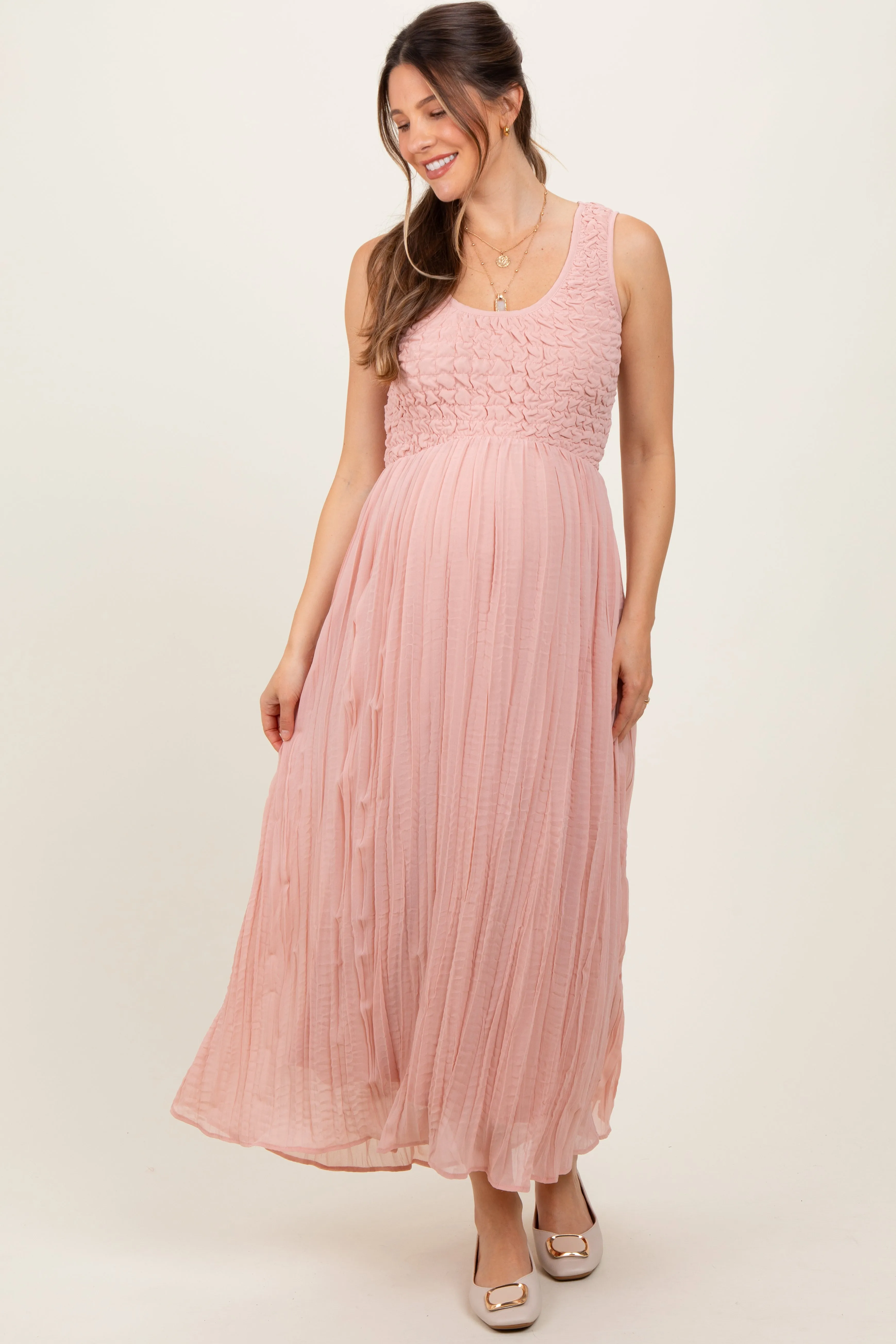Light Pink Textured Smocked Bodice Sleeveless Maternity Maxi Dress sold by Pinkblush product image thumbnail 2