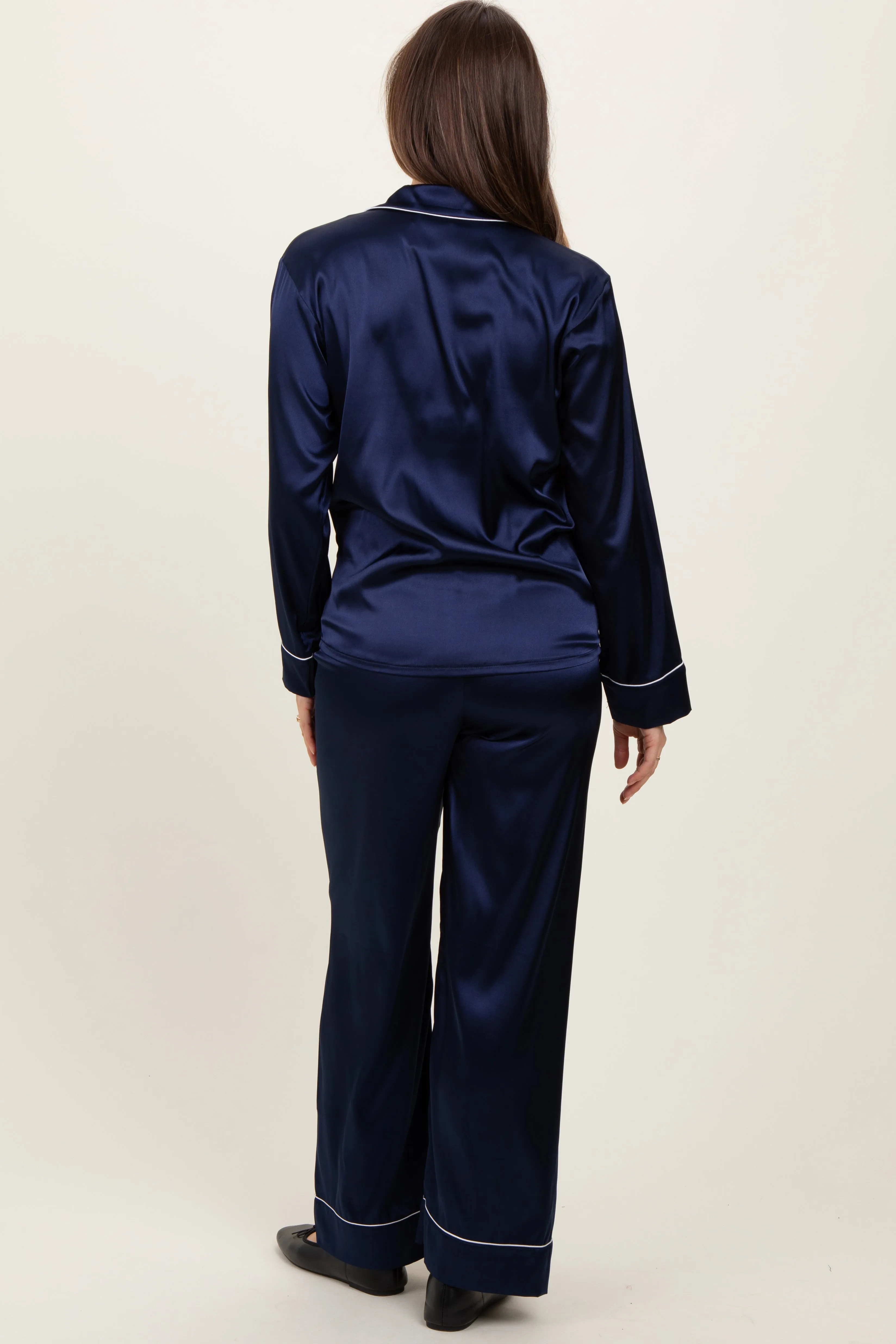 Navy Satin Contrast Trim Long Sleeve Maternity Pajama Set sold by Pinkblush product image thumbnail 4
