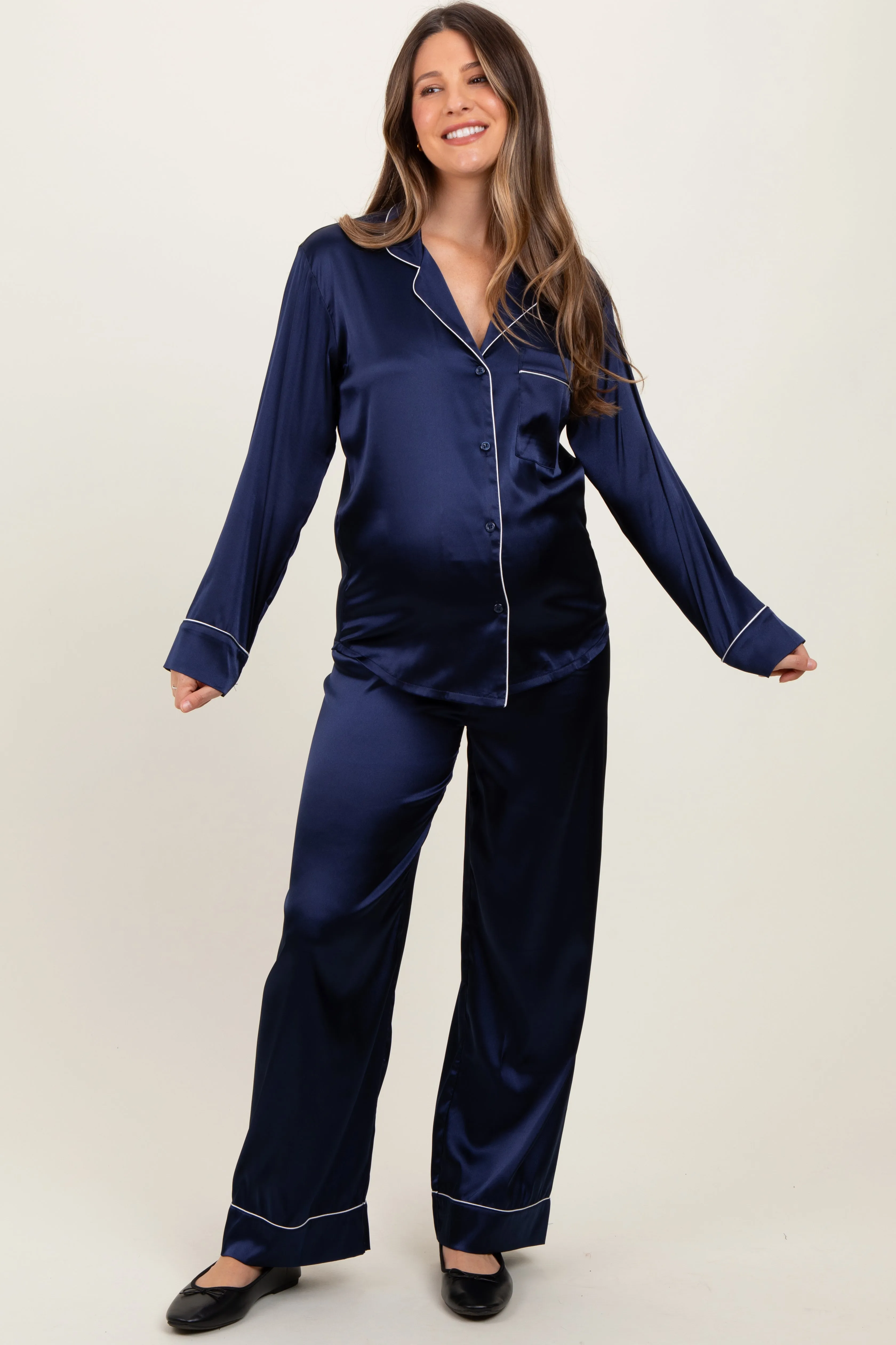 Navy Satin Contrast Trim Long Sleeve Maternity Pajama Set sold by Pinkblush