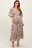 Light Taupe Watercolor Floral Puff Sleeve Tiered Maternity Maxi Dress sold by Pinkblush
