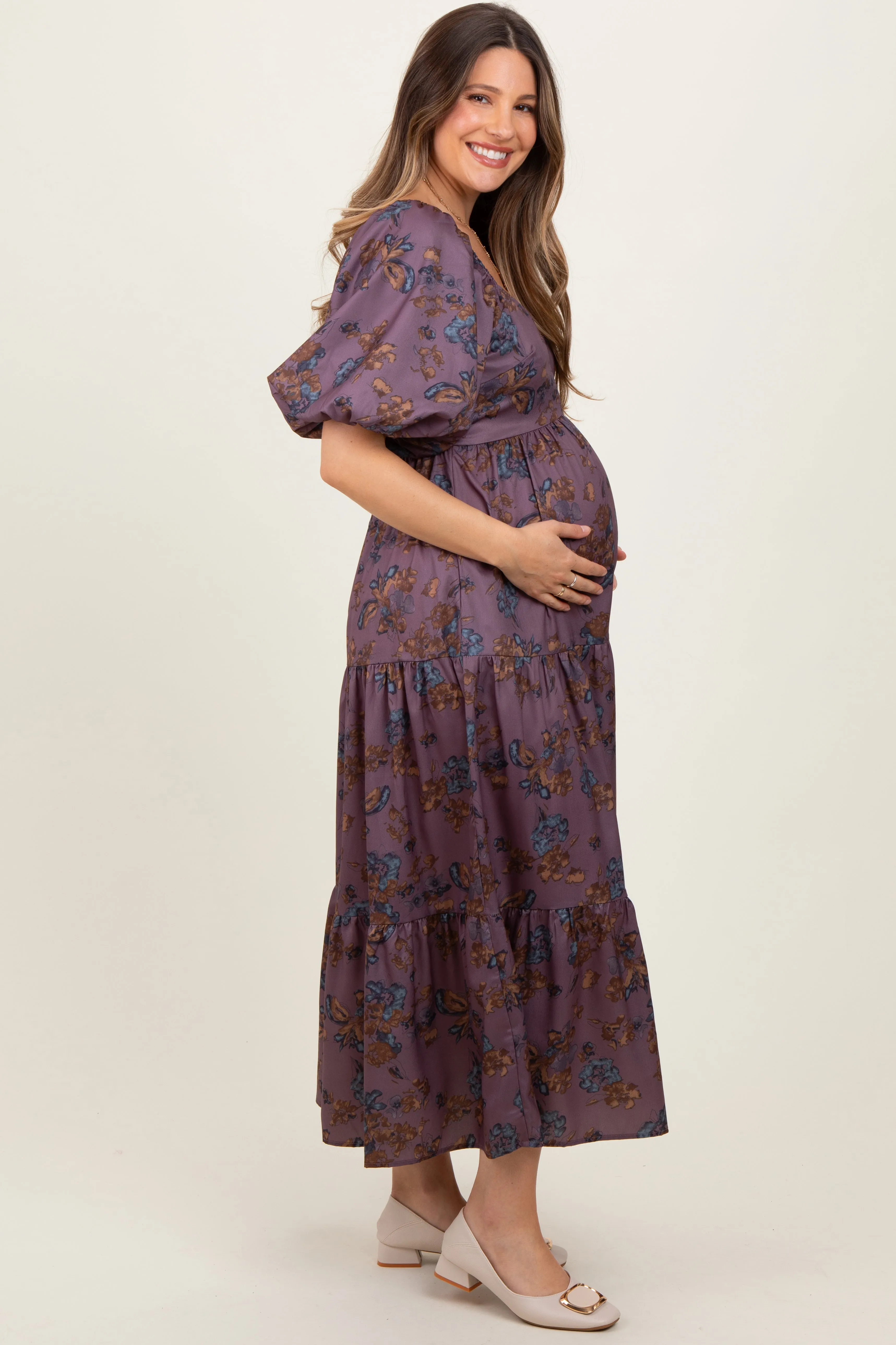 Dark Mauve Floral Bubble Sleeve Tiered Maternity Maxi Dress sold by Pinkblush product image thumbnail 2