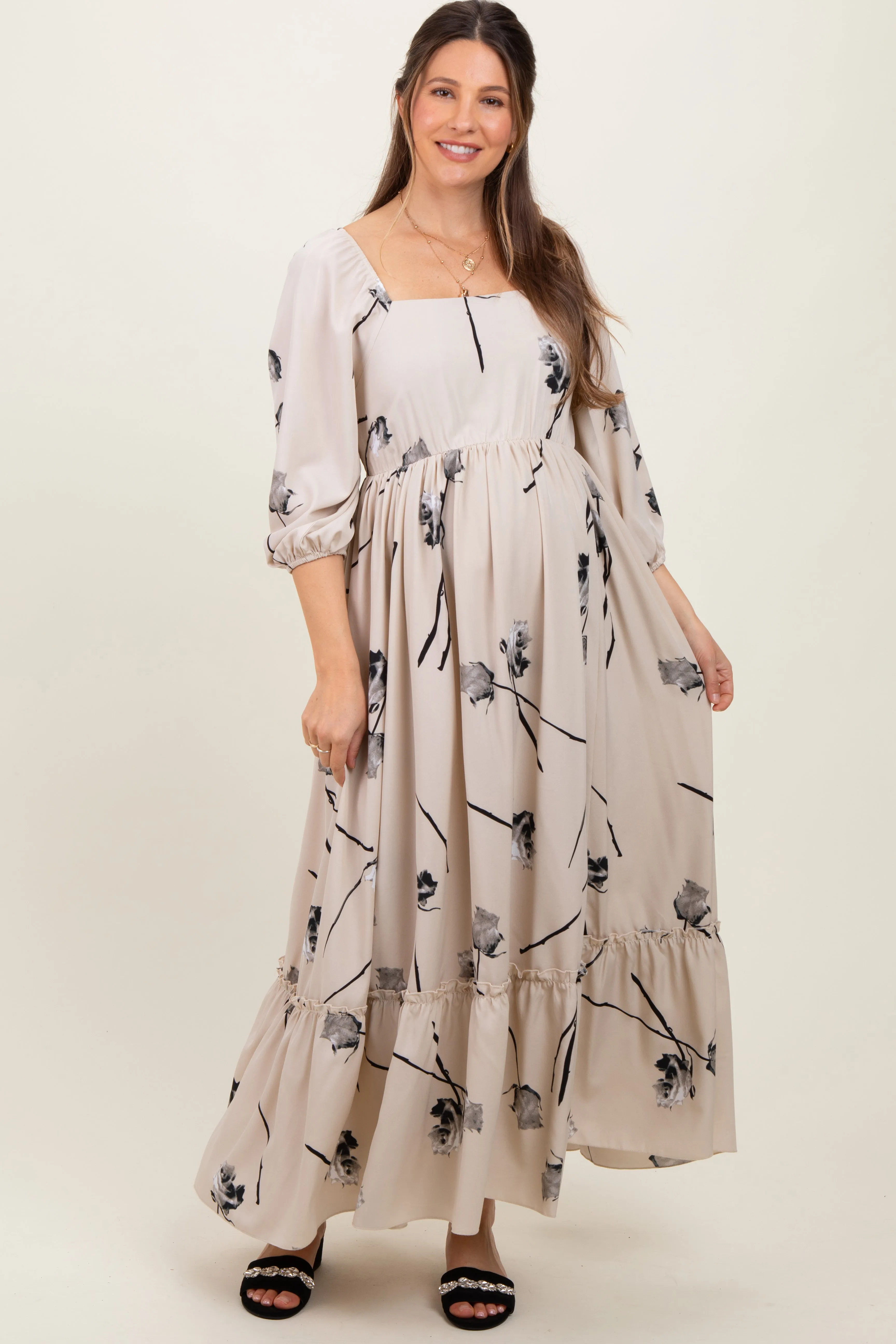 Cream Floral Square Neck Maternity Midi Dress sold by Pinkblush