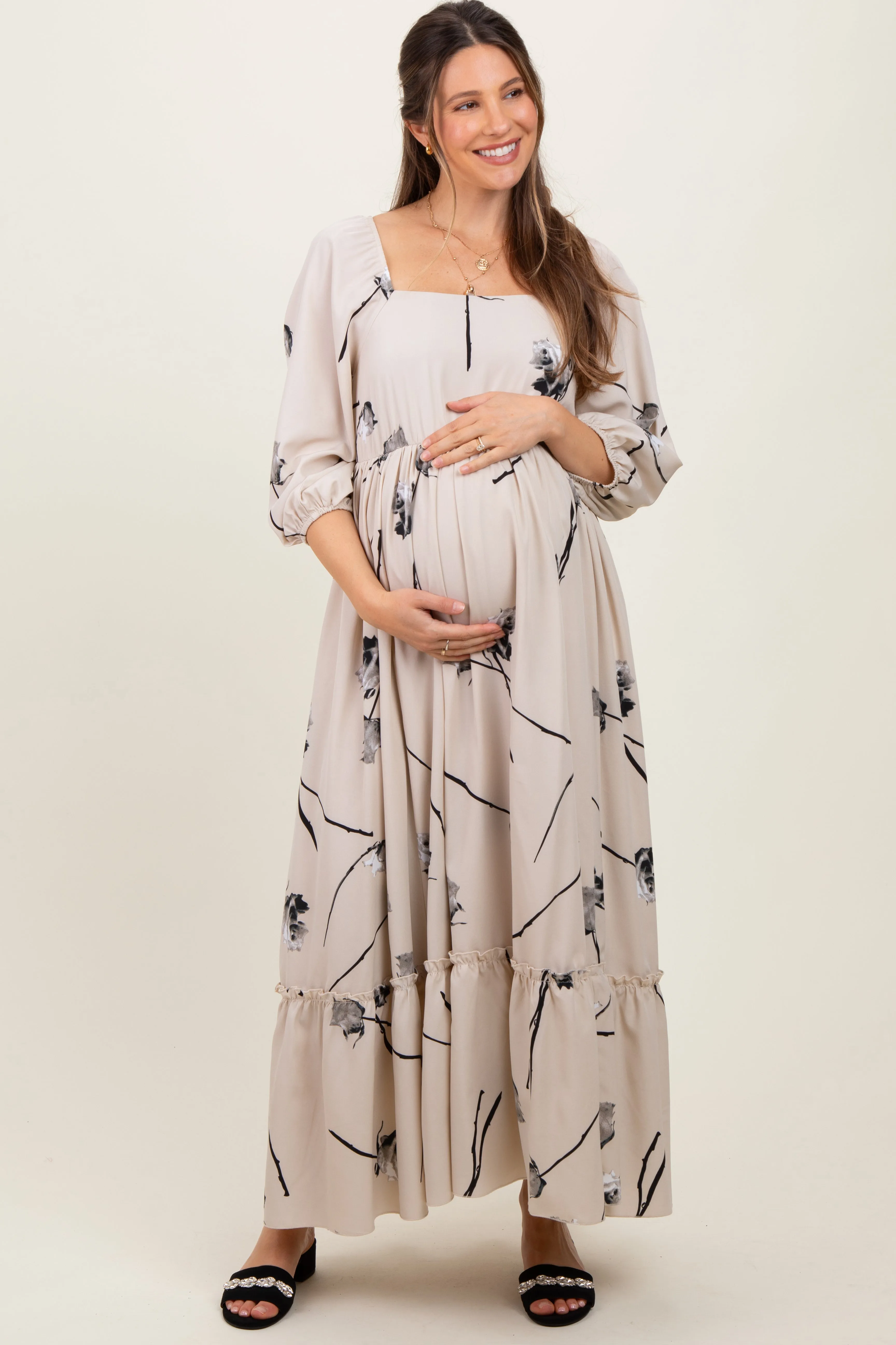 Cream Floral Square Neck Maternity Midi Dress sold by Pinkblush product image thumbnail 2