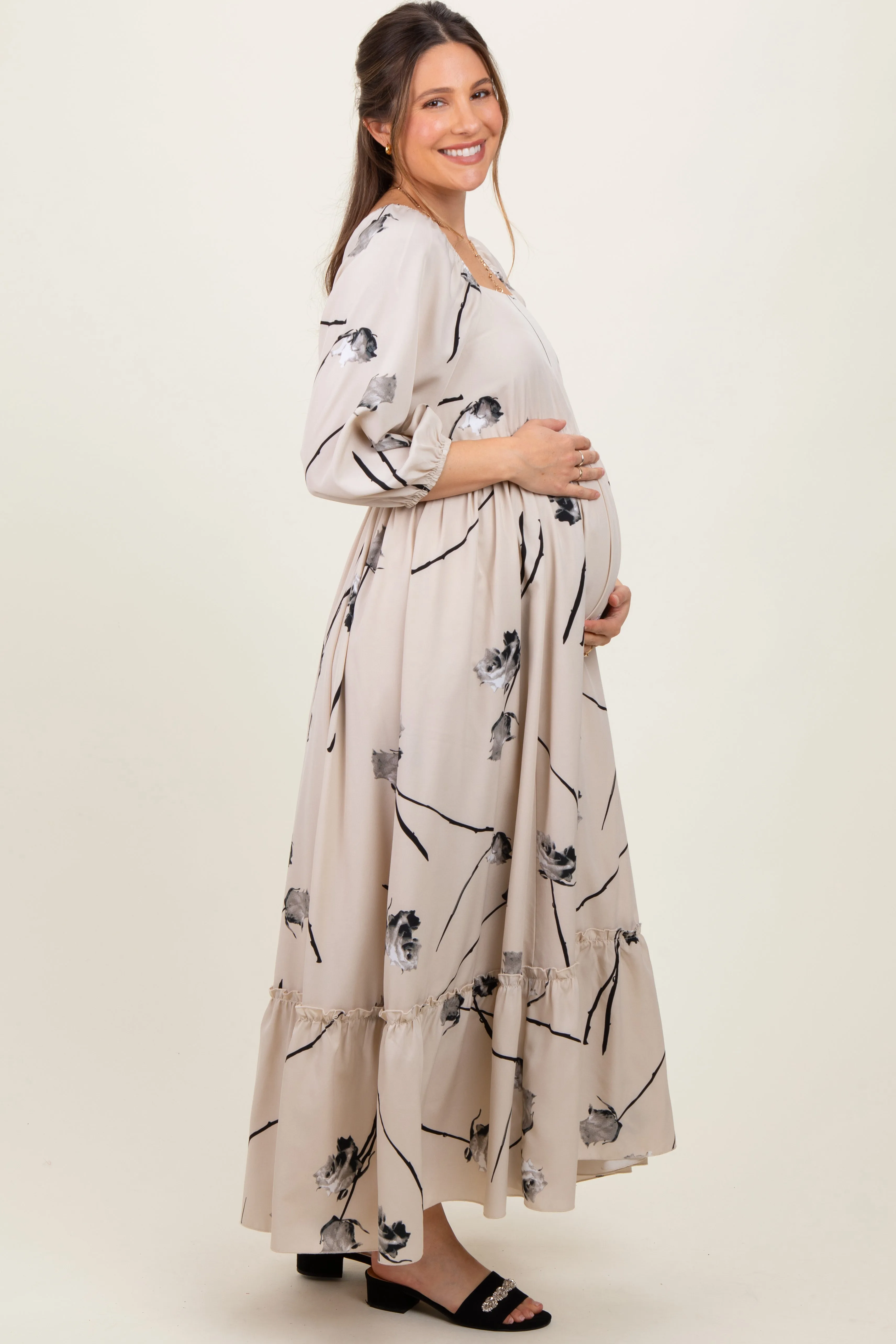 Cream Floral Square Neck Maternity Midi Dress sold by Pinkblush product image thumbnail 3