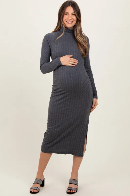 Charcoal Cable Knit Turtleneck Maternity Midi Sweater Dress sold by Pinkblush