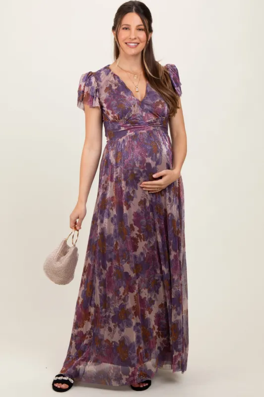Violet Floral Metallic Flutter Sleeve Maternity Maxi Dress sold by Pinkblush