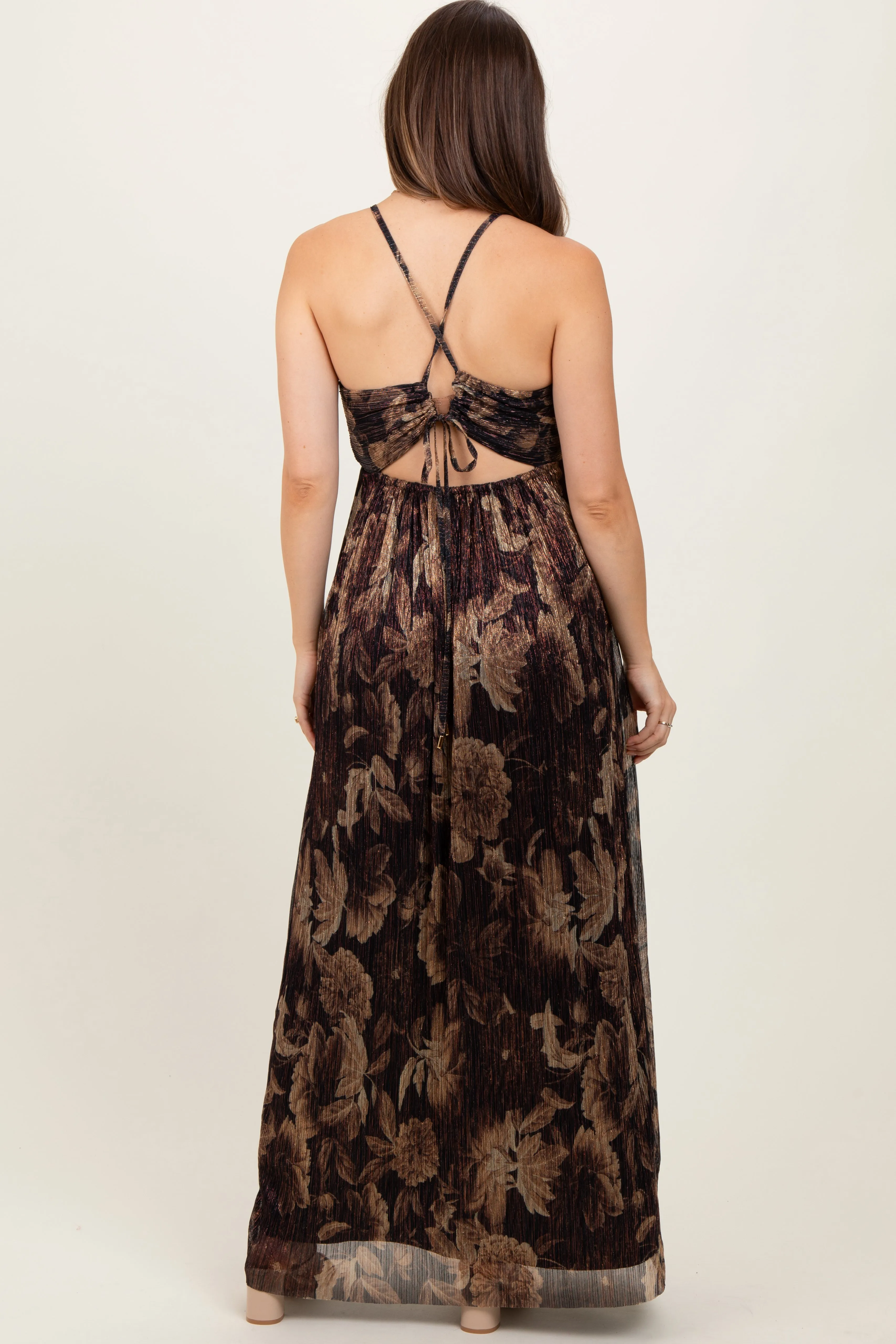 Dark Brown Floral Deep V-Neck Back Cutout Maternity Maxi Dress sold by Pinkblush product image thumbnail 4