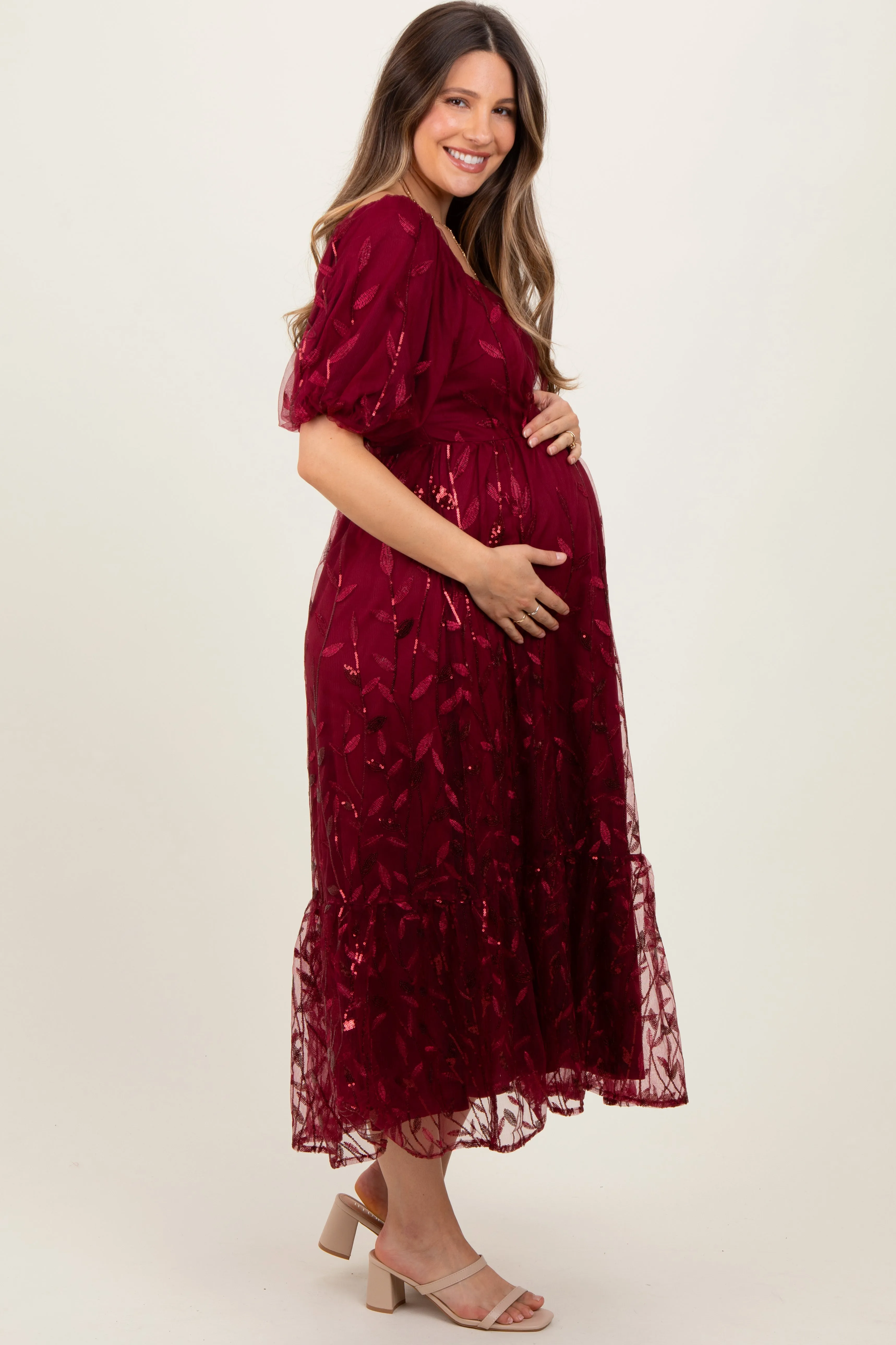 Burgundy Embroidered Sequin Detail Mesh Overlay Maternity Maxi Dress sold by Pinkblush product image thumbnail 3