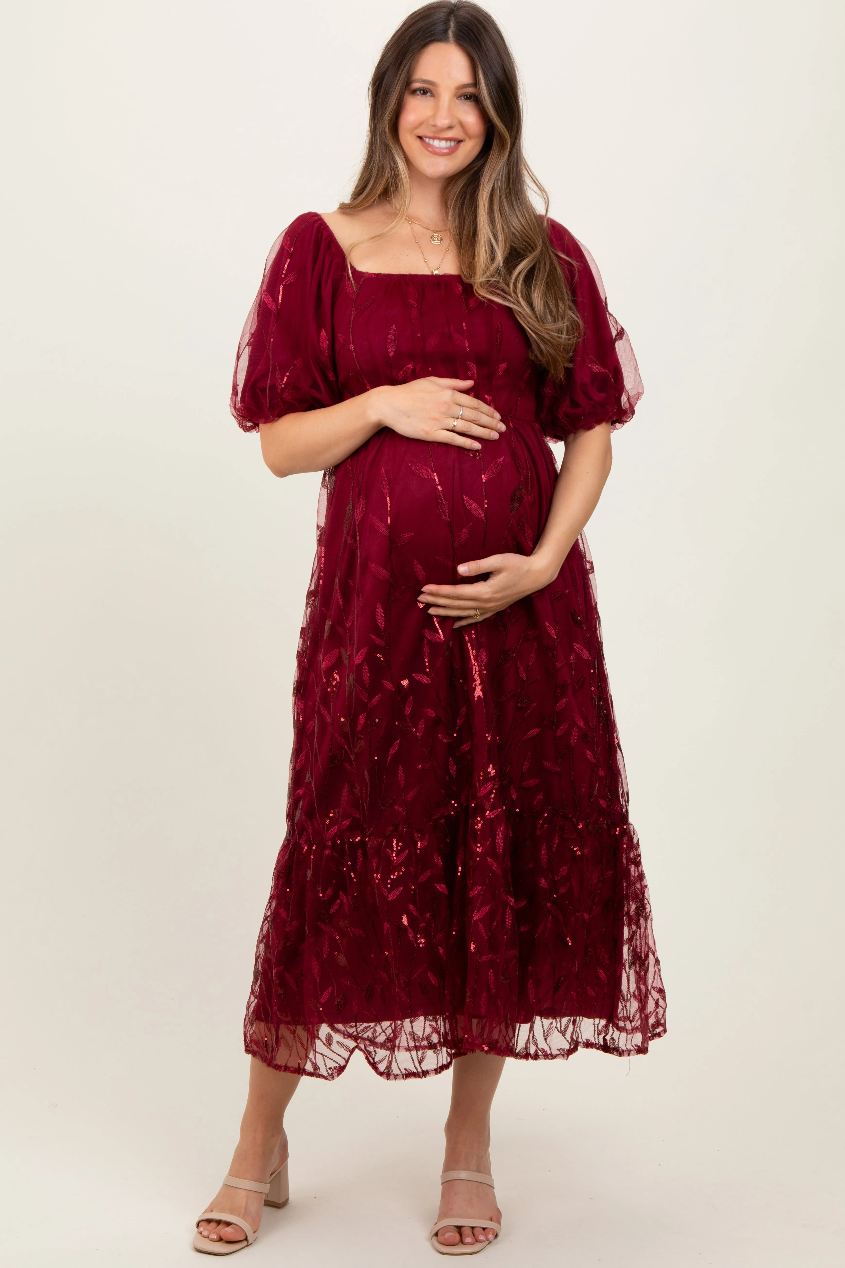 Burgundy Embroidered Sequin Detail Mesh Overlay Maternity Maxi Dress sold by Pinkblush