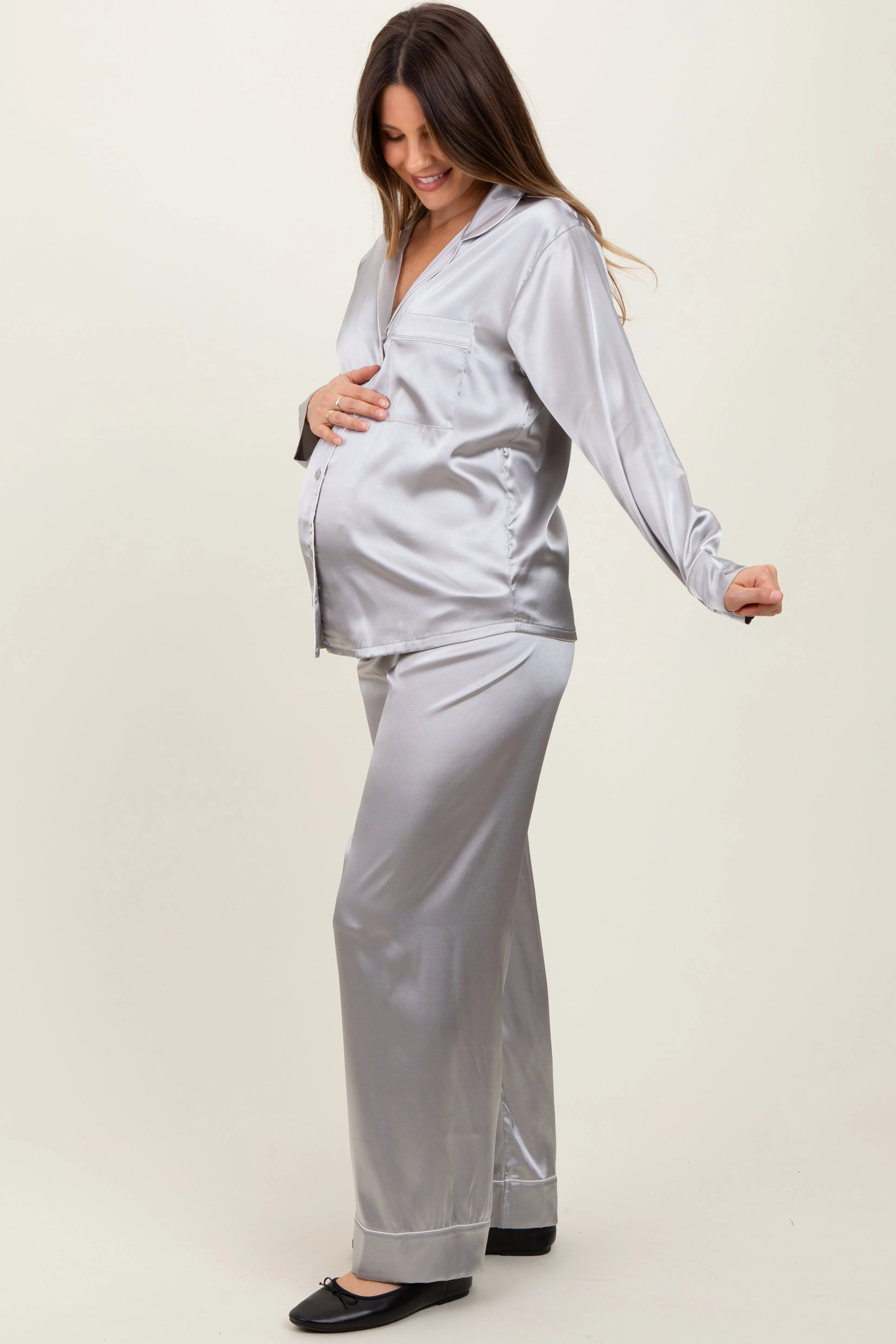 Silver Satin Contrast Trim Long Sleeve Maternity Pajama Set sold by Pinkblush product image thumbnail 3