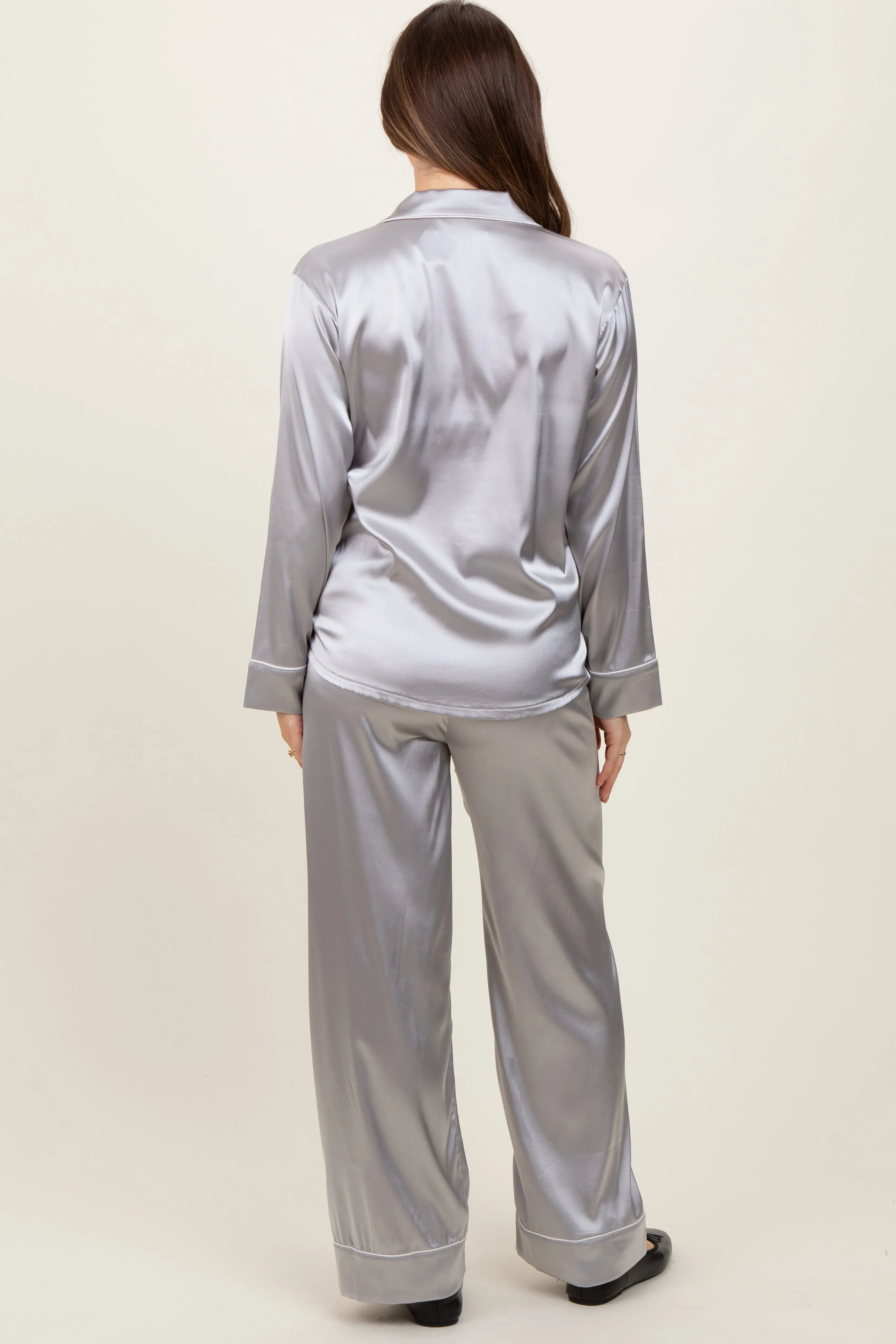 Silver Satin Contrast Trim Long Sleeve Maternity Pajama Set sold by Pinkblush product image thumbnail 4
