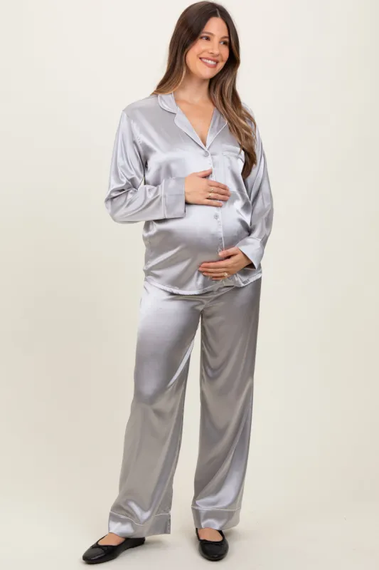 Silver Satin Contrast Trim Long Sleeve Maternity Pajama Set sold by Pinkblush