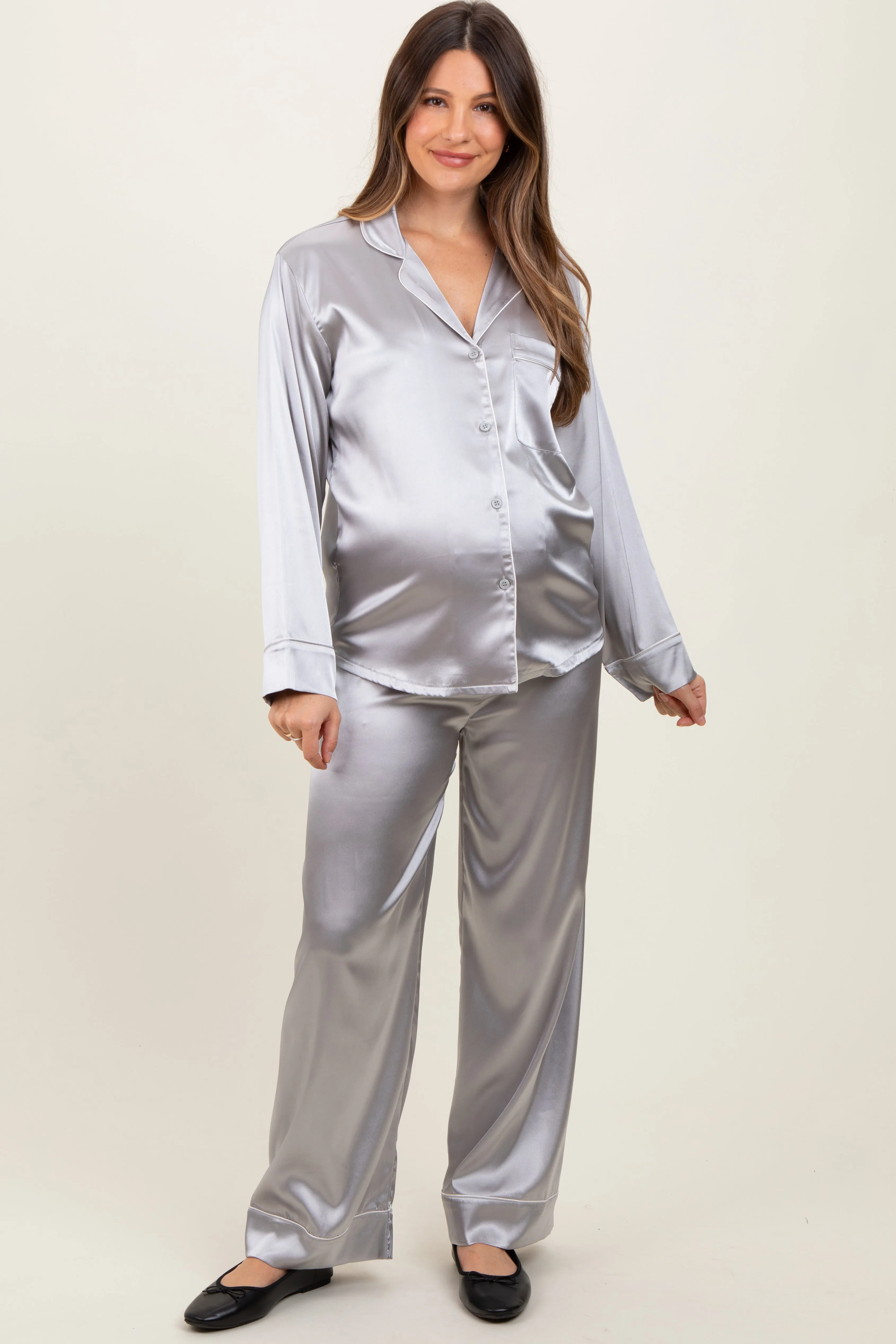 Silver Satin Contrast Trim Long Sleeve Maternity Pajama Set sold by Pinkblush product image thumbnail 2