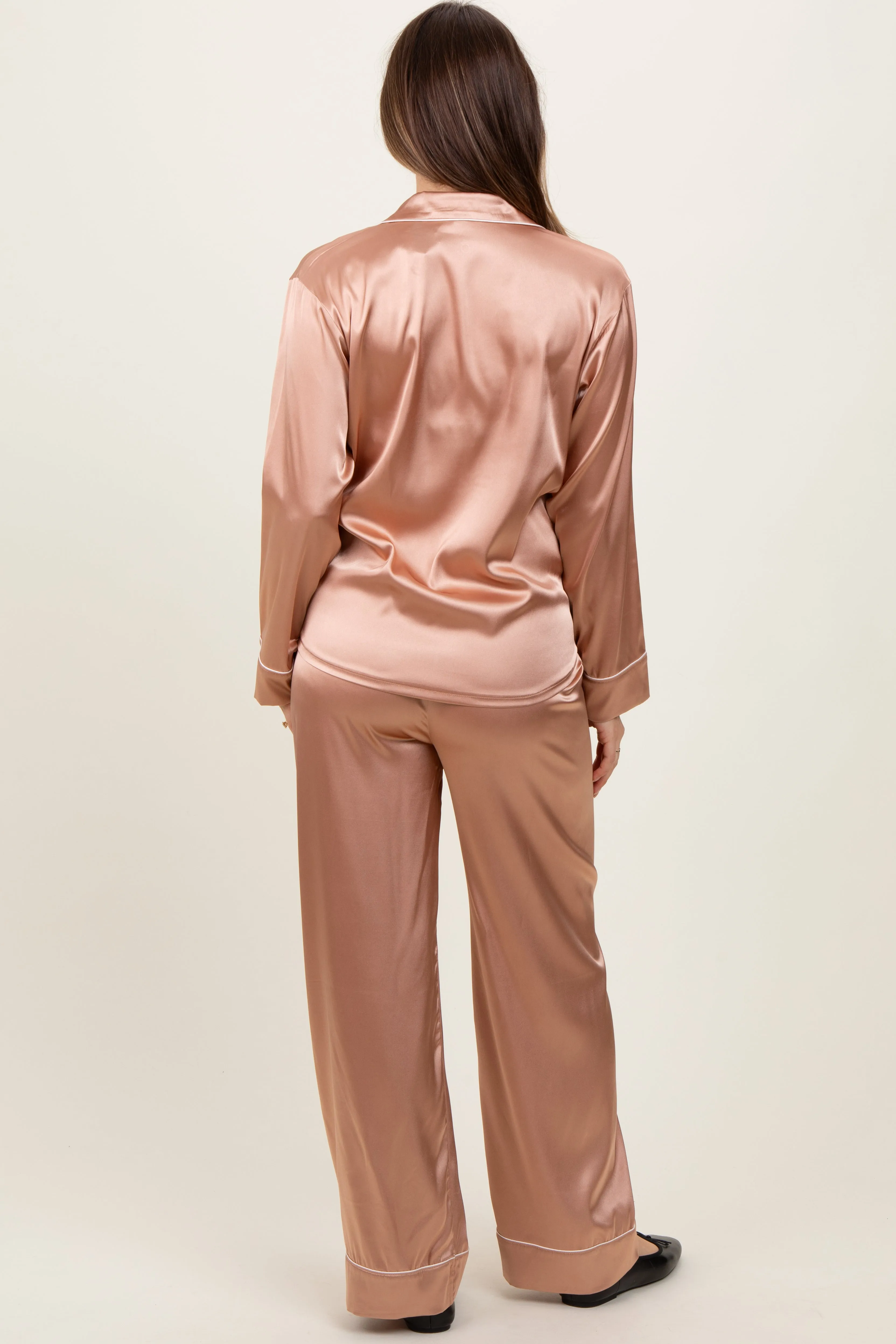 Gold Satin Contrast Trim Long Sleeve Maternity Pajama Set sold by Pinkblush product image thumbnail 4