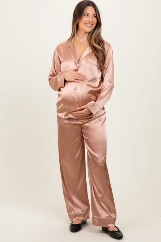 Gold Satin Contrast Trim Long Sleeve Maternity Pajama Set sold by Pinkblush