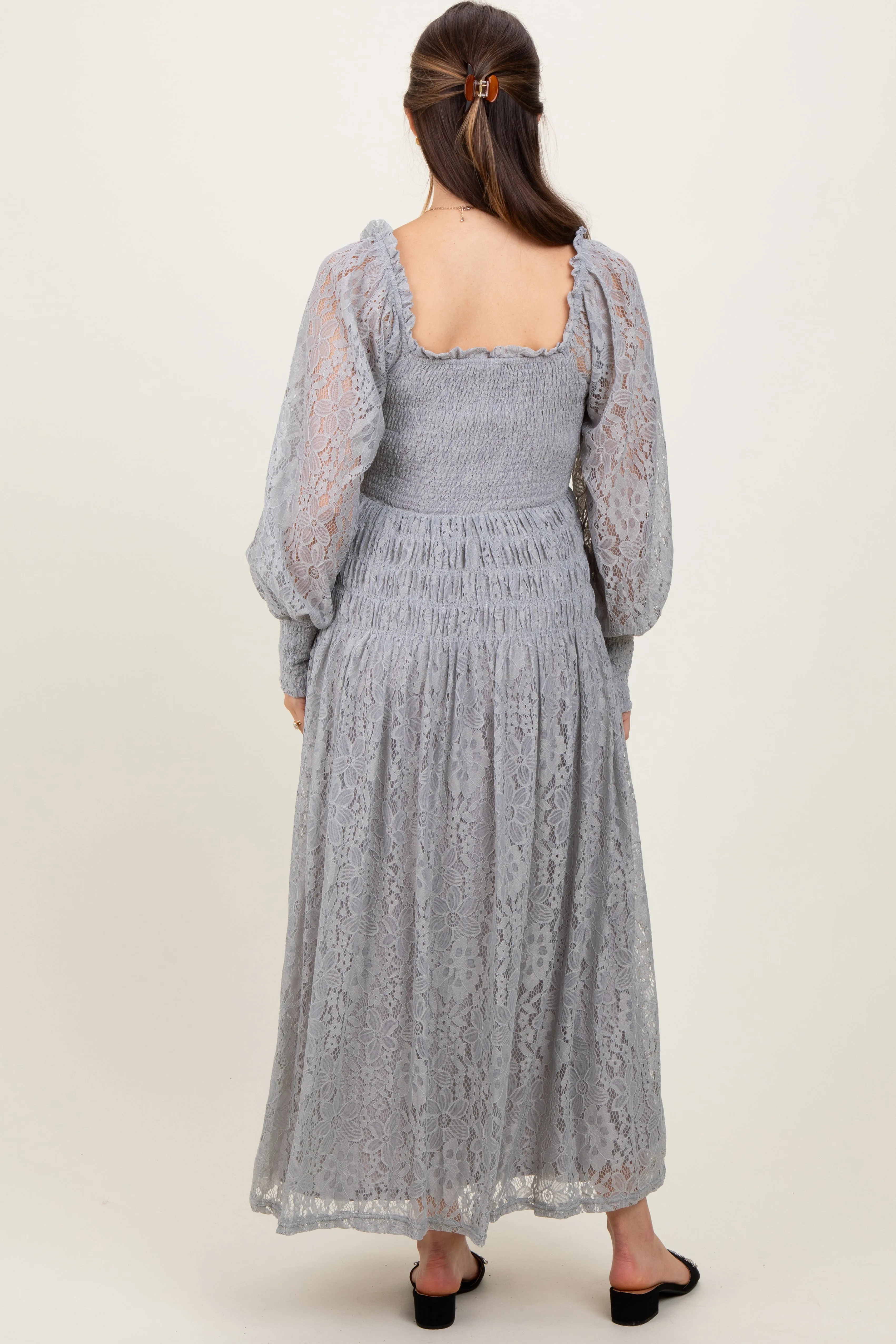 Heather Grey Lace Smocked Bubble Sleeve Maternity Maxi Dress sold by Pinkblush product image thumbnail 3