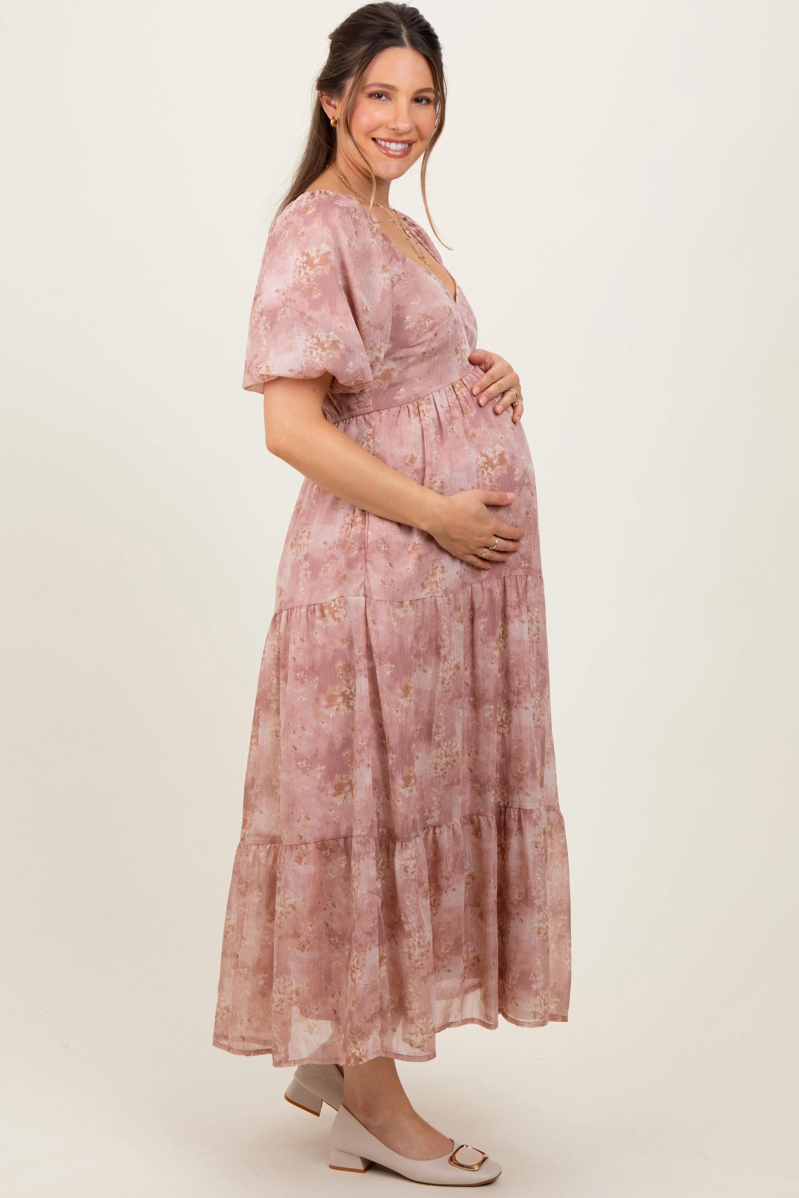 Mauve Watercolor Floral Puff Sleeve Tiered Maternity Maxi Dress sold by Pinkblush product image thumbnail 3