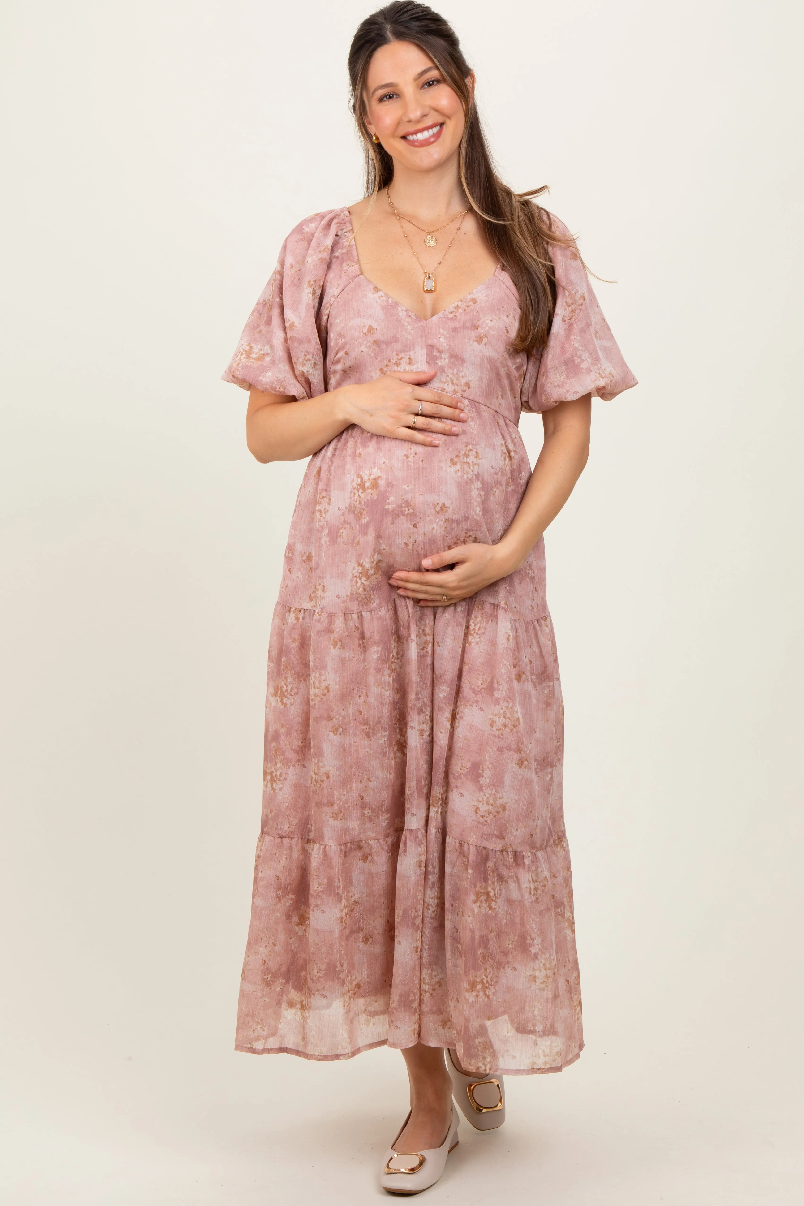 Mauve Watercolor Floral Puff Sleeve Tiered Maternity Maxi Dress sold by Pinkblush