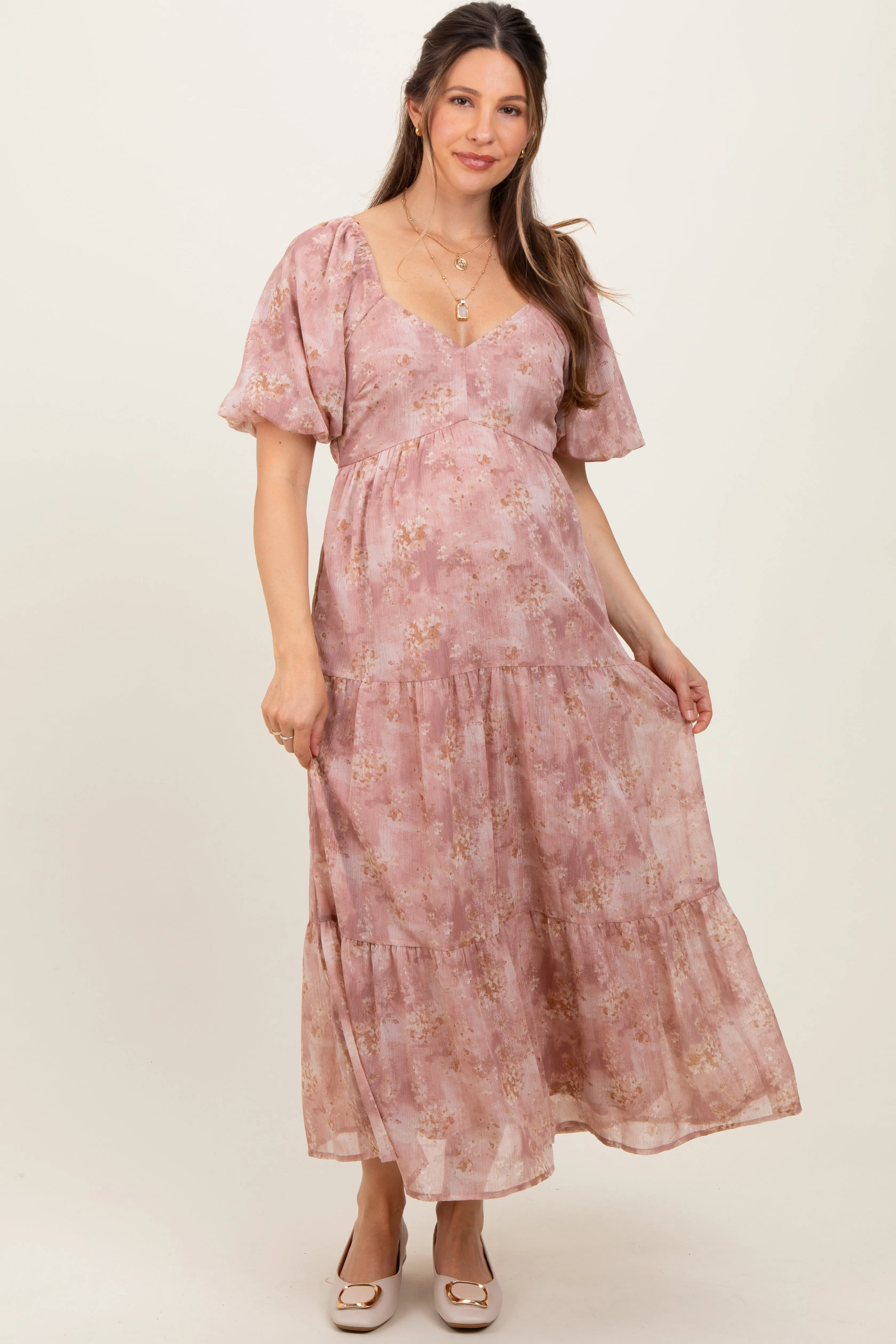 Mauve Watercolor Floral Puff Sleeve Tiered Maternity Maxi Dress sold by Pinkblush product image thumbnail 2