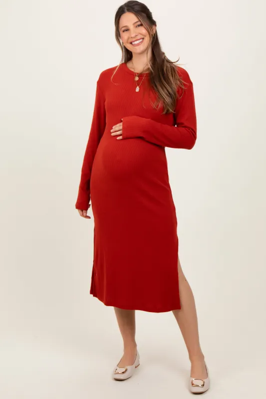 Red Ribbed Knit Long Sleeve Side Slit Maternity Midi Dress sold by Pinkblush
