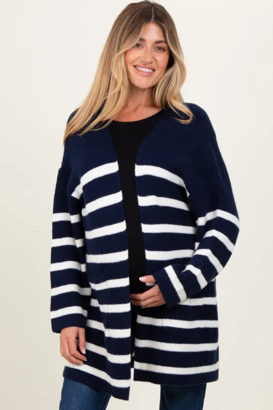Navy Knit Striped Long Maternity Cardigan sold by Pinkblush