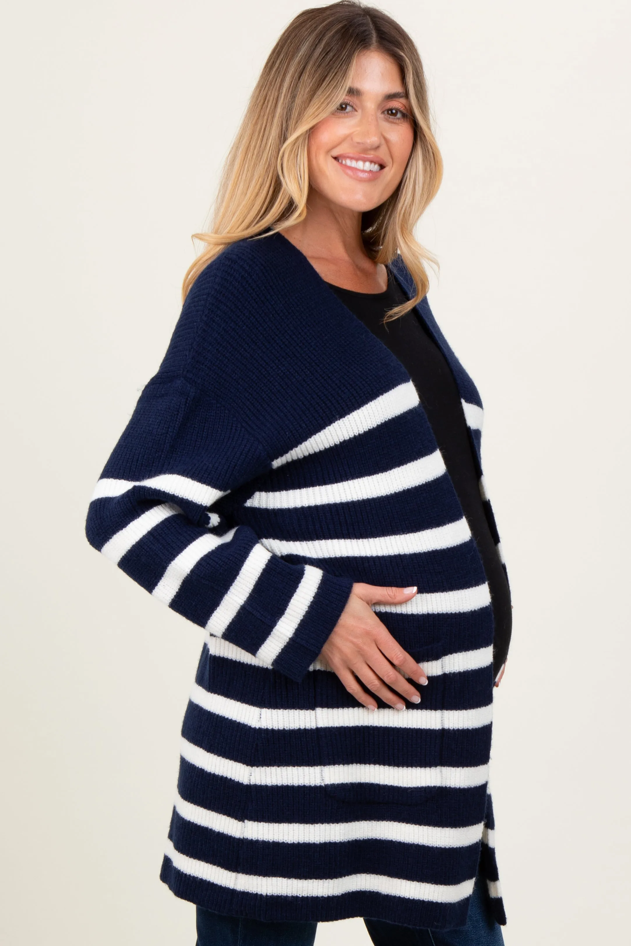 Navy Knit Striped Long Maternity Cardigan sold by Pinkblush product image thumbnail 2