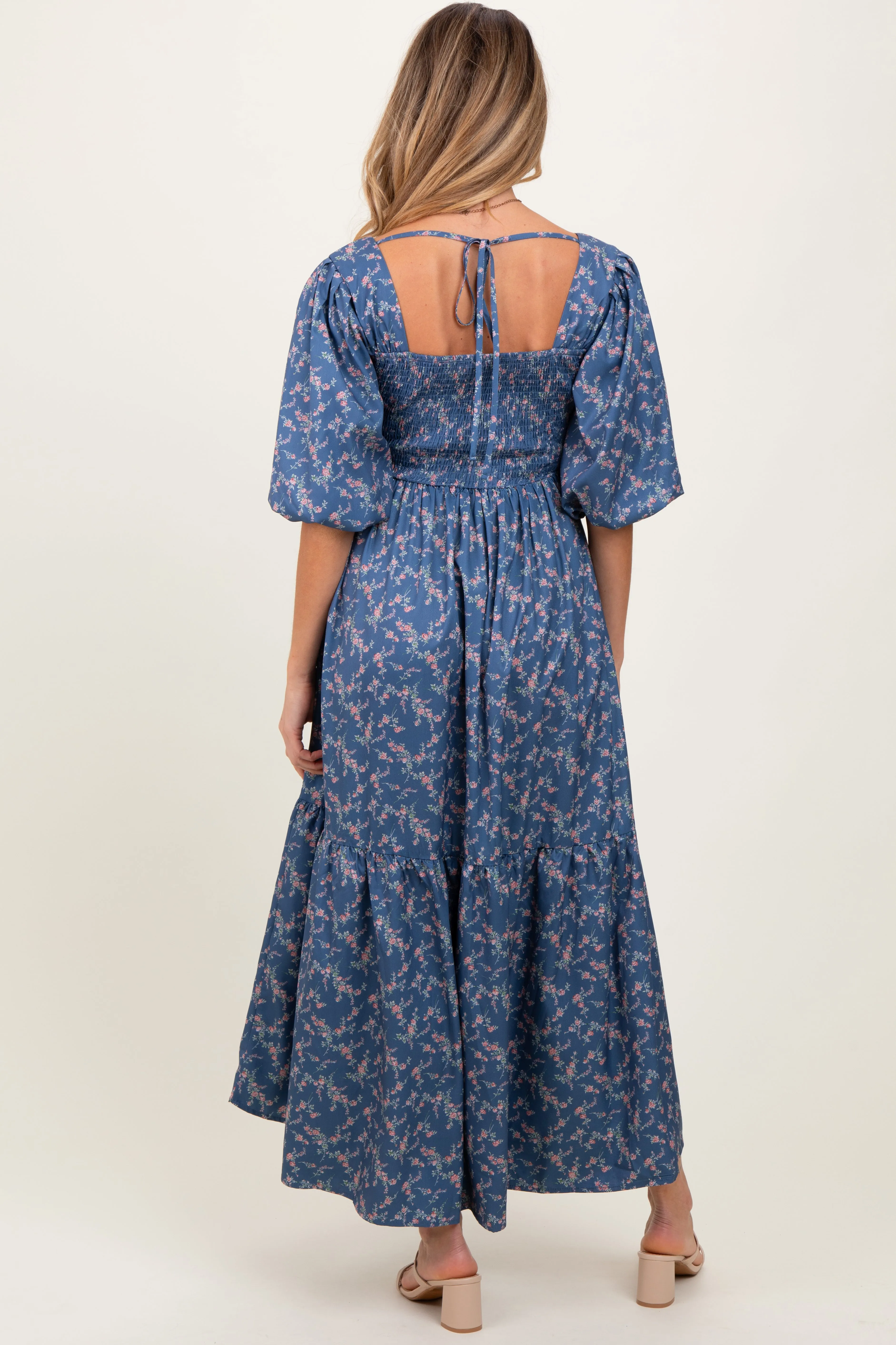 Blue Floral Smocked Hi-Low Puff Sleeve Maternity Maxi Dress sold by Pinkblush product image thumbnail 4