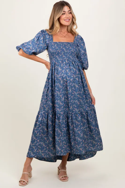 Blue Floral Smocked Hi-Low Puff Sleeve Maternity Maxi Dress sold by Pinkblush