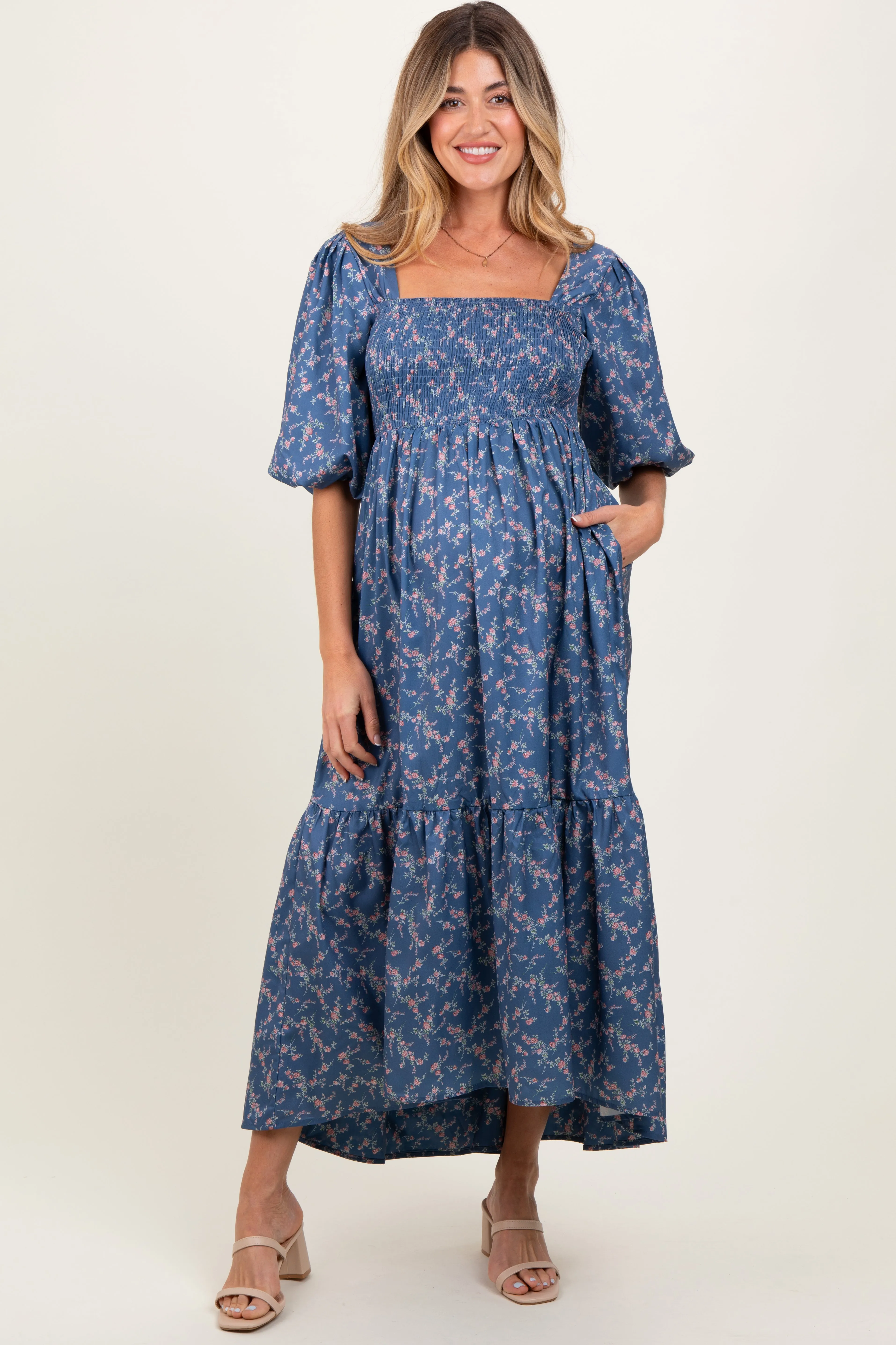 Blue Floral Smocked Hi-Low Puff Sleeve Maternity Maxi Dress sold by Pinkblush product image thumbnail 2