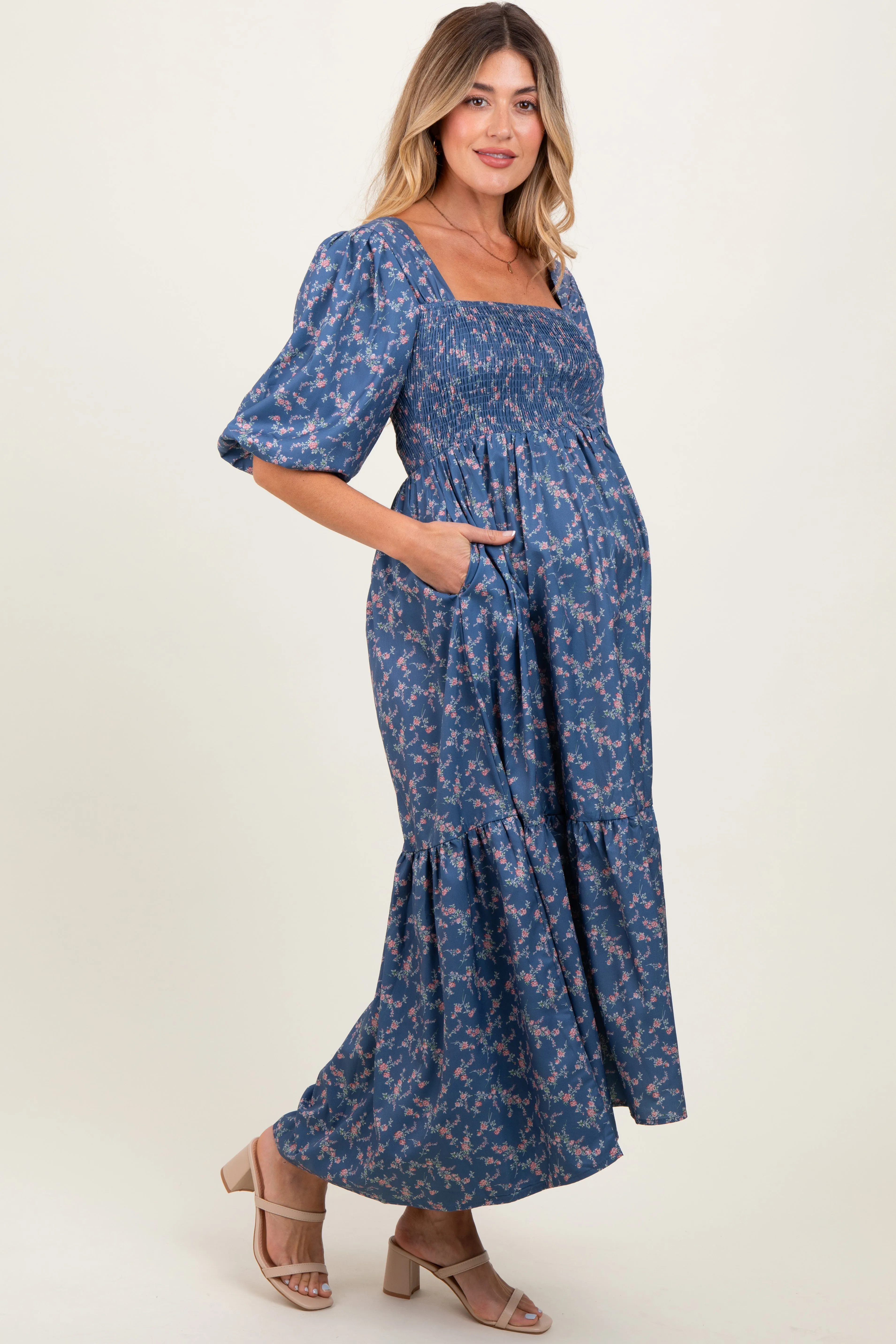 Blue Floral Smocked Hi-Low Puff Sleeve Maternity Maxi Dress sold by Pinkblush product image thumbnail 3