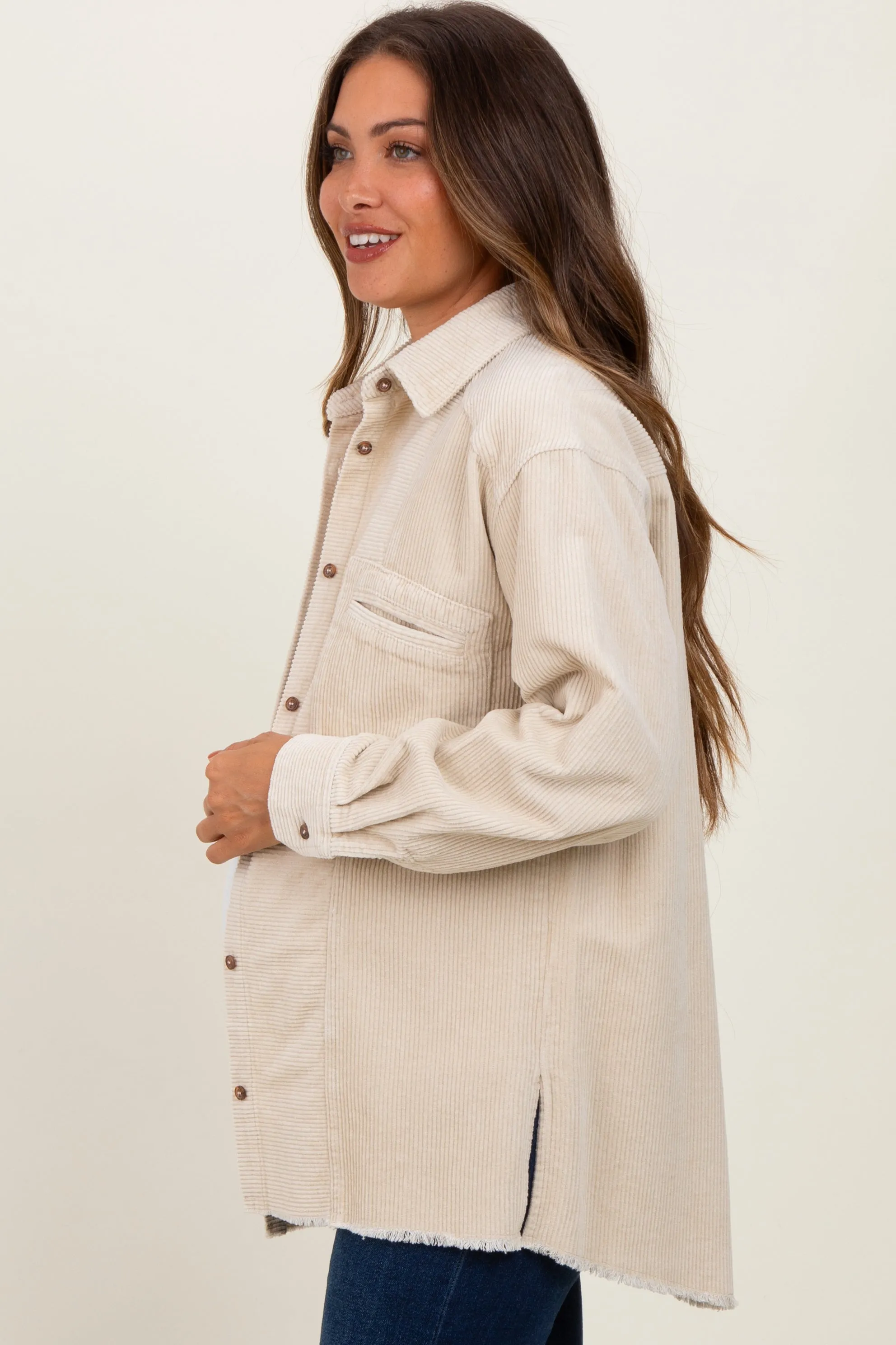 Beige Corduroy Fringe Hem Maternity Shirt Jacket sold by Pinkblush product image thumbnail 2