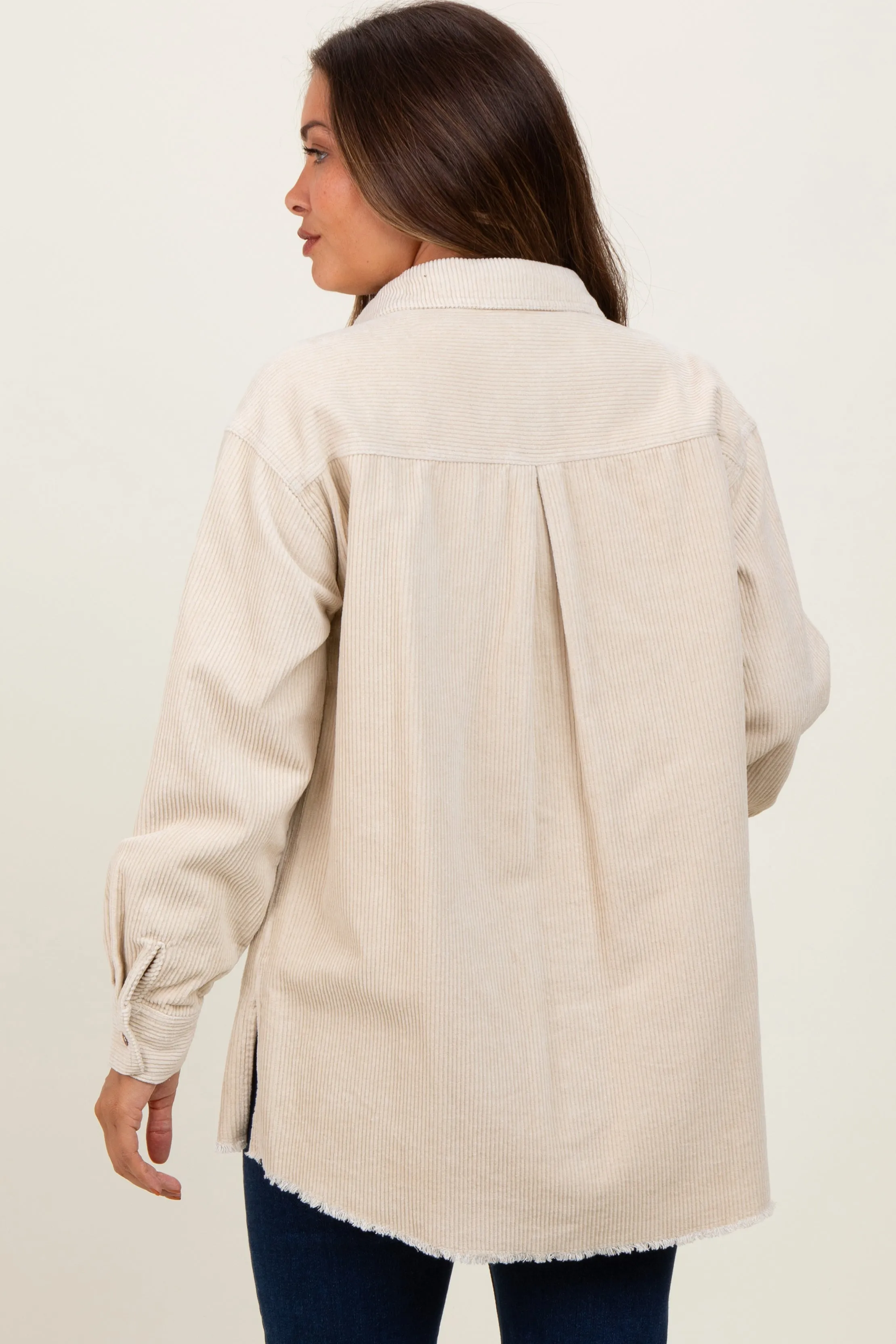 Beige Corduroy Fringe Hem Maternity Shirt Jacket sold by Pinkblush product image thumbnail 3