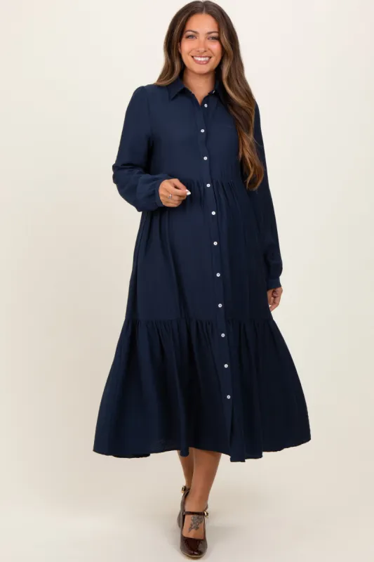 Navy Button Down Long Sleeve Maternity Midi Shirt Dress sold by Pinkblush