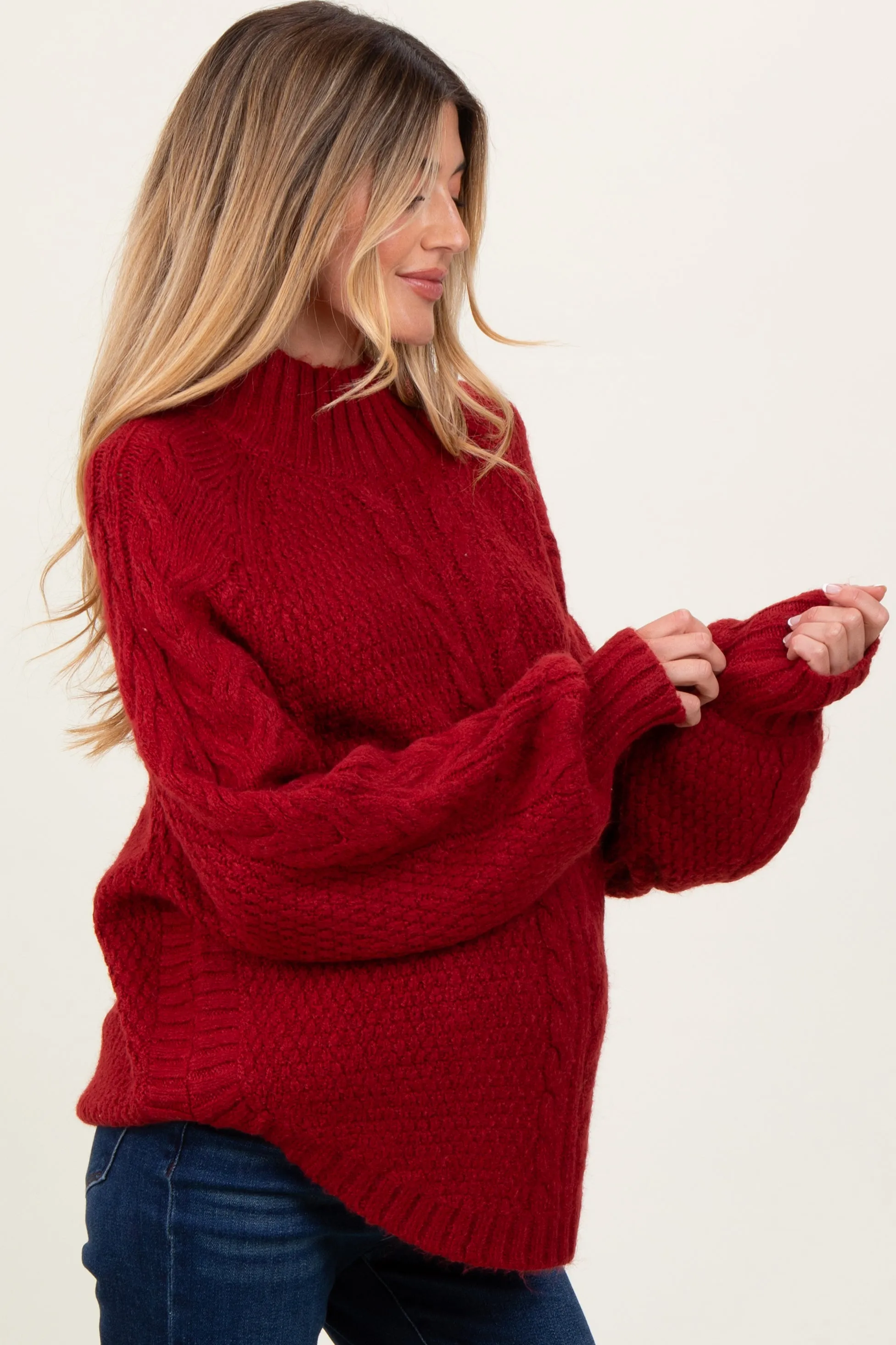 Burgundy Mixed Chunky Cable Knit Mock Neck Maternity Sweater sold by Pinkblush product image thumbnail 3