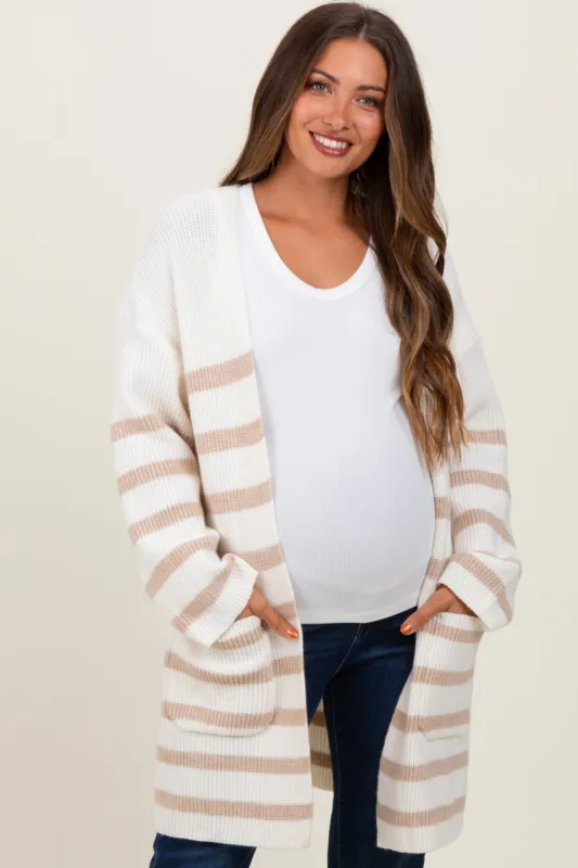 Ivory Beige Knit Striped Long Maternity Cardigan sold by Pinkblush