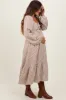 Brown Striped Ruched Bodice Balloon Sleeved Maternity Midi Dress sold by Pinkblush