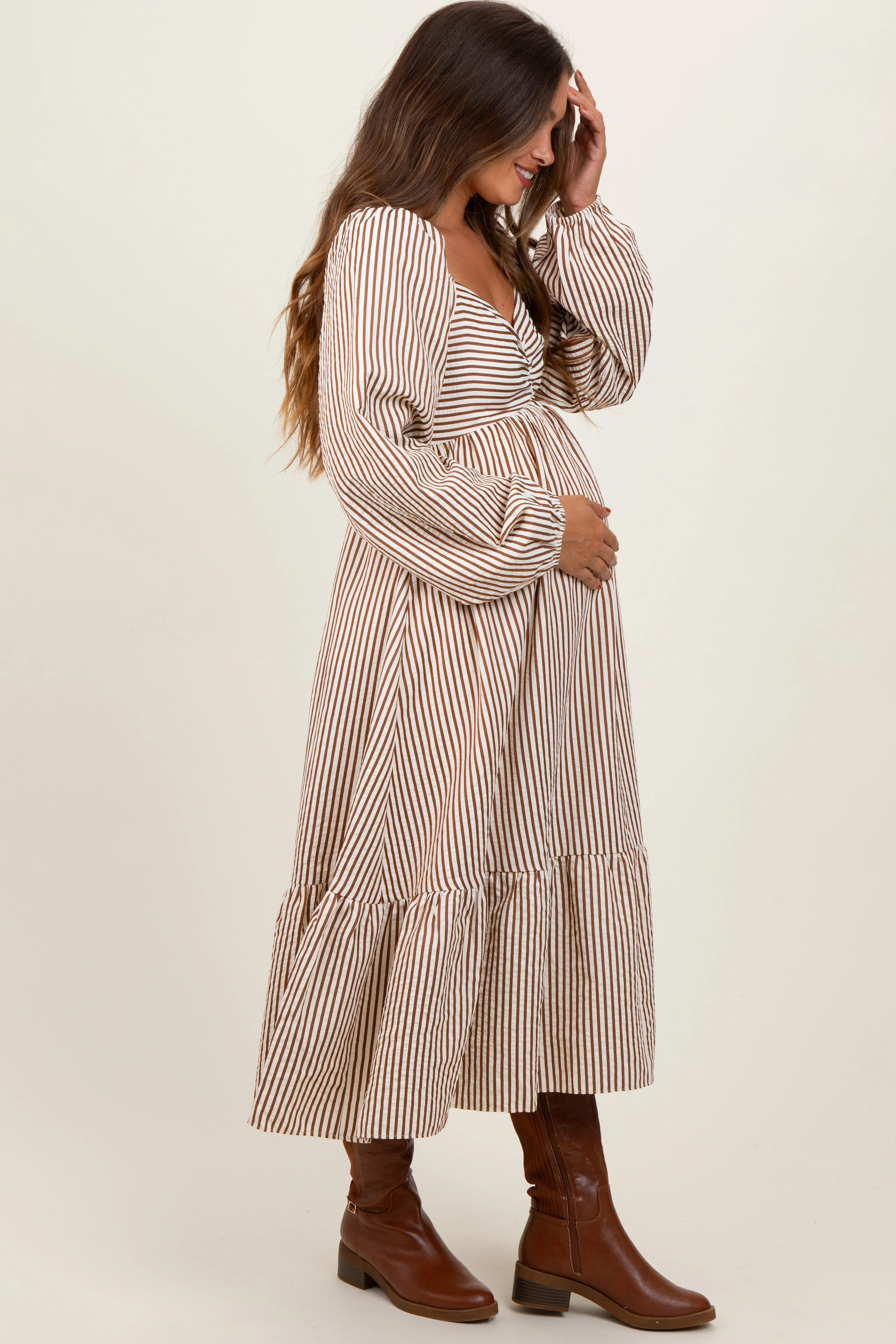 Brown Striped Ruched Bodice Balloon Sleeved Maternity Midi Dress sold by Pinkblush product image thumbnail 2