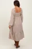 Brown Striped Ruched Bodice Balloon Sleeved Maternity Midi Dress sold by Pinkblush