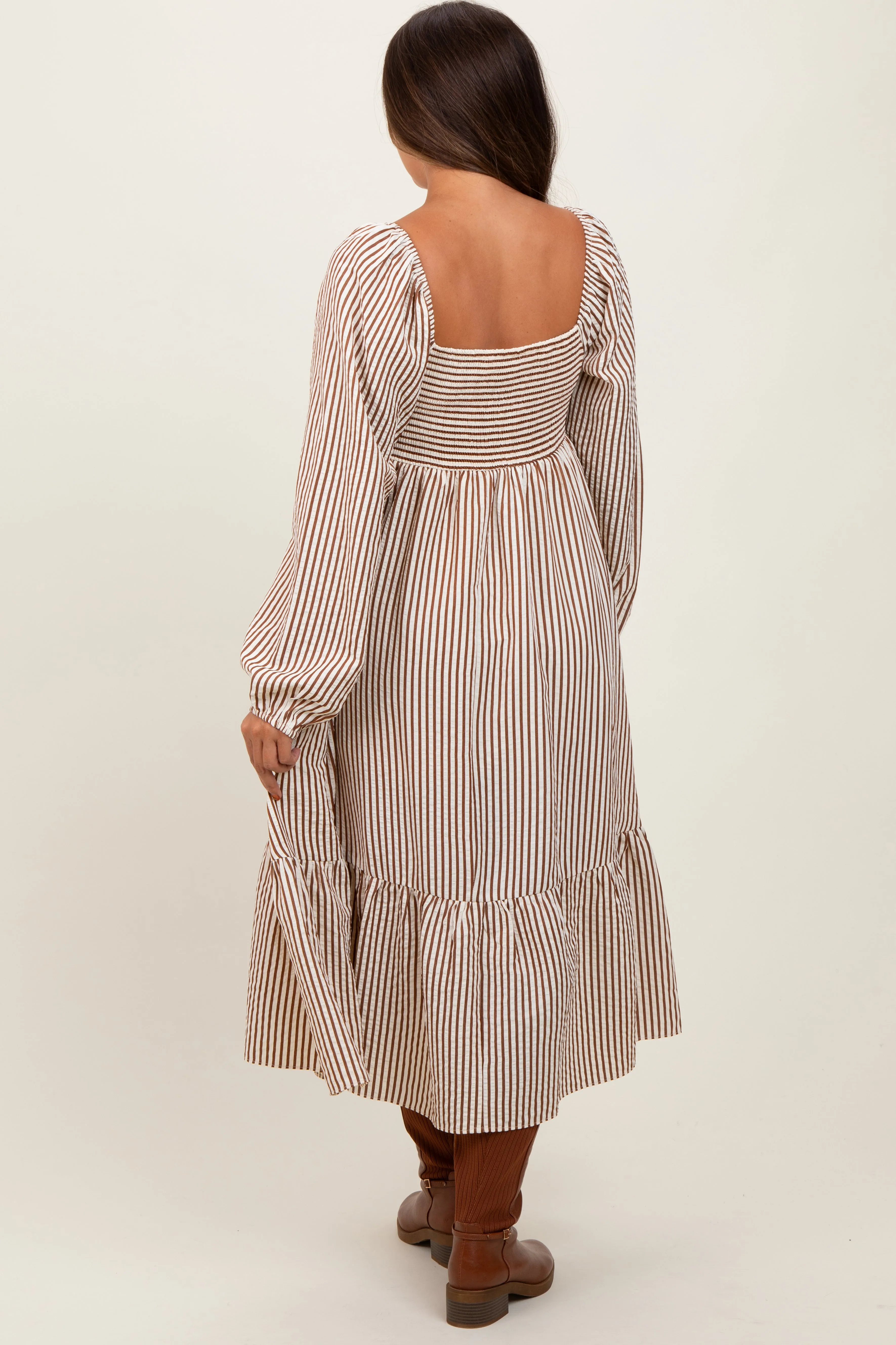Brown Striped Ruched Bodice Balloon Sleeved Maternity Midi Dress sold by Pinkblush product image thumbnail 3