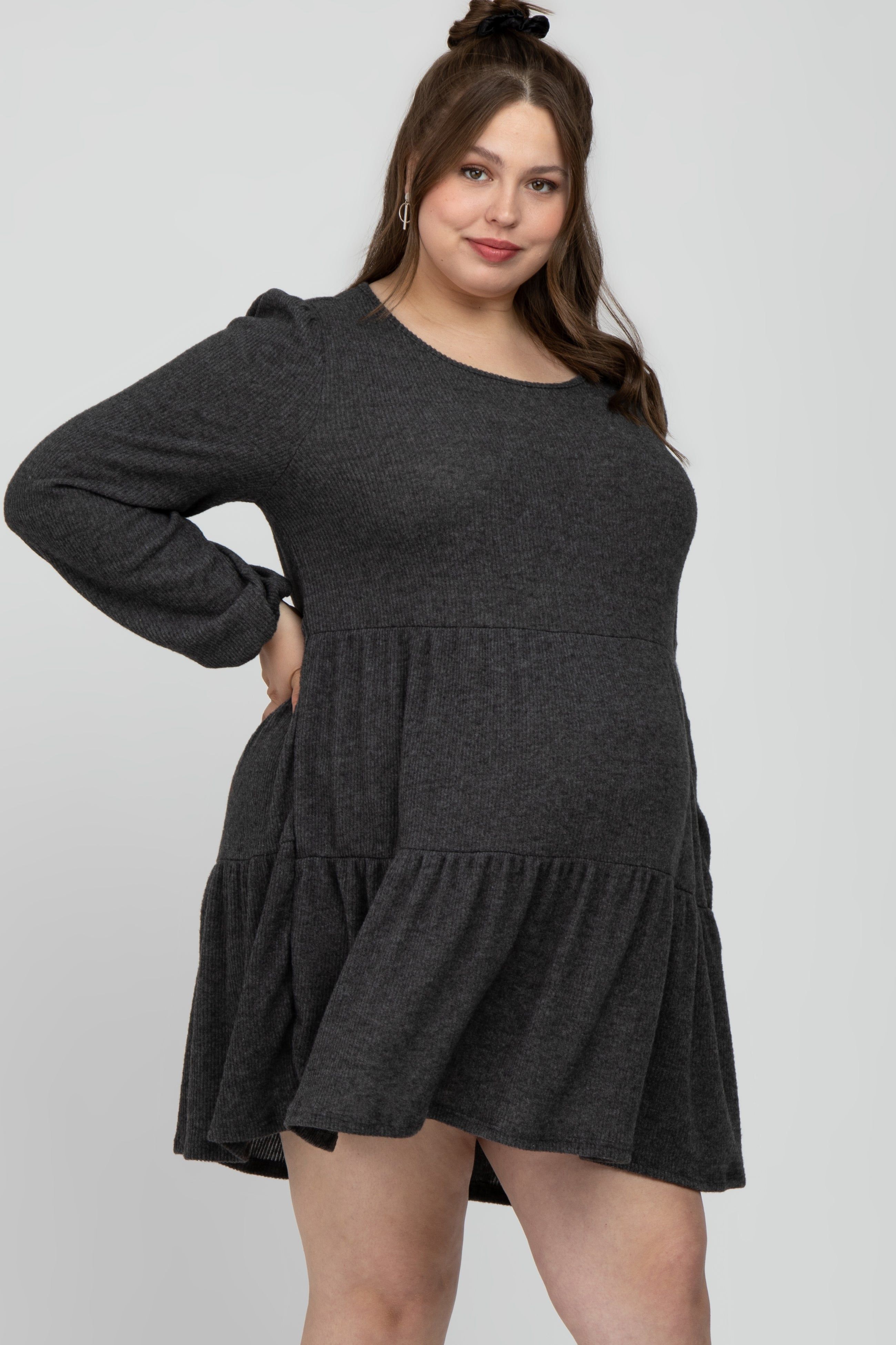 Charcoal Brushed Knit Tiered Maternity Plus Dress sold by Pinkblush product image thumbnail 4