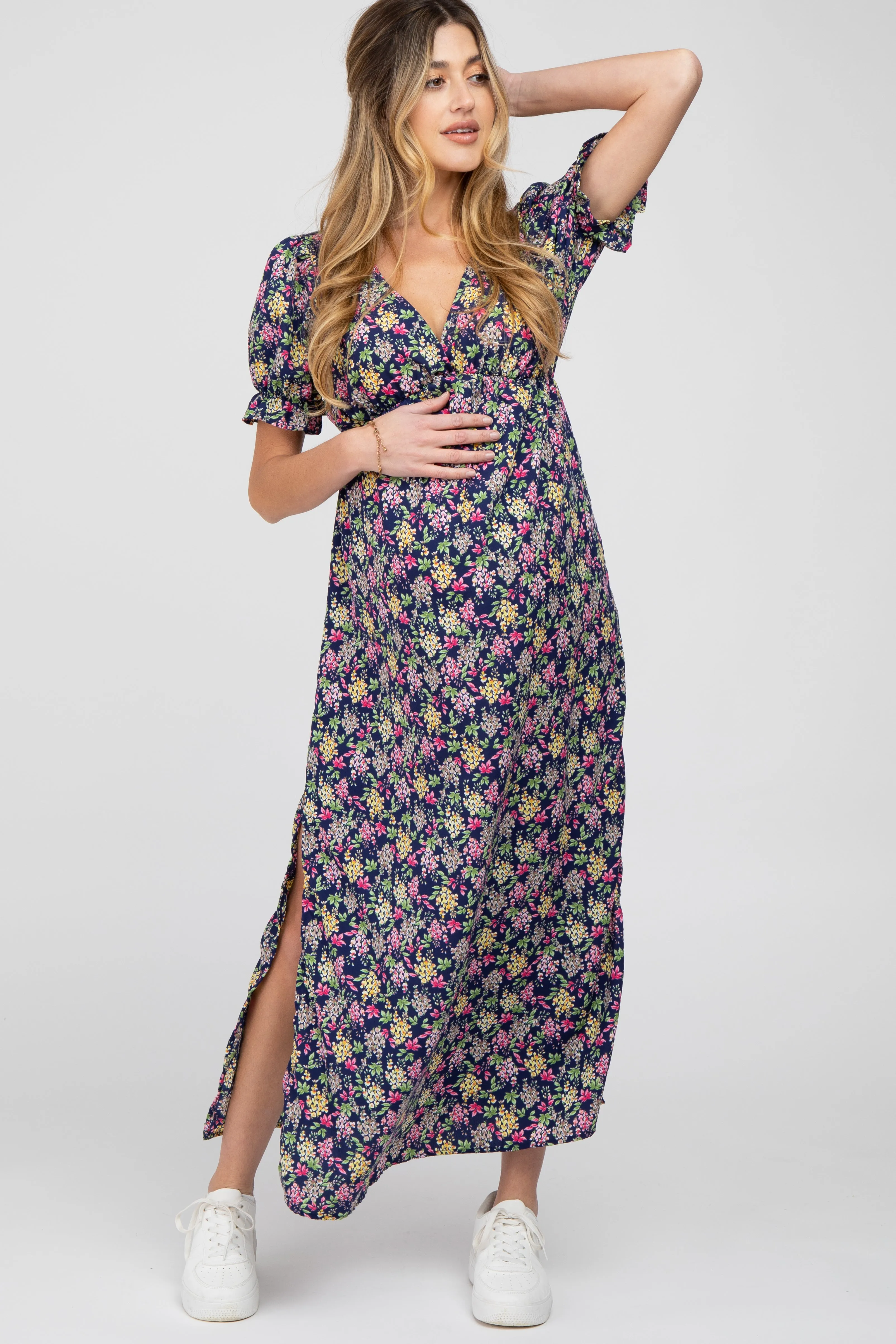 Navy Blue Floral Side Slit Maternity Maxi Dress sold by Pinkblush