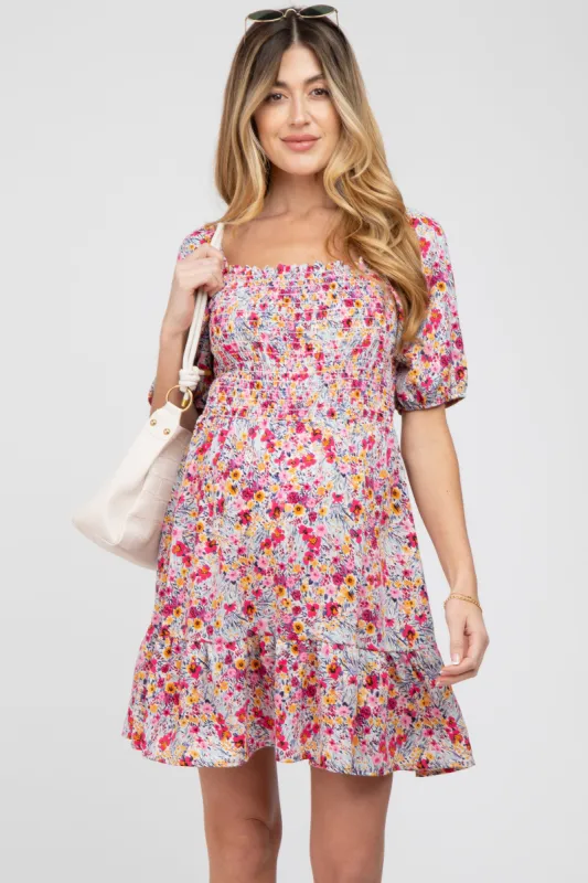 Fuchsia Floral Smocked Maternity Mini Dress sold by Pinkblush