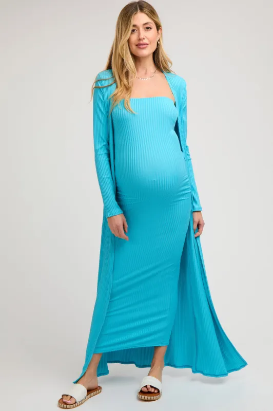 Aqua Ribbed Sleeveless Dress Cardigan Maternity Set sold by Pinkblush